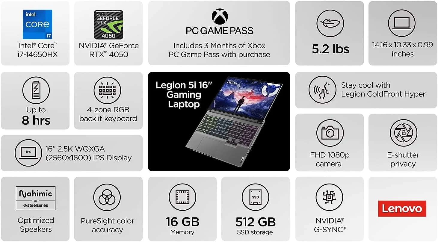 لپ تاپ گیمینگ 16 اینچی Lenovo Legion 5 16IRX9 WQXGA 165Hz، پردازنده Intel Core i7-14650HX 2.2GHz، رم 16 گیگابایت، SSD 512 گیگابایت، NVIDIA GeForce RTX 4050 6GB، ویندوز 11 Home، خاکستری Luna