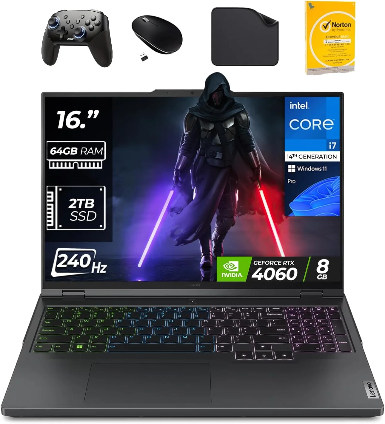 لپ تاپ گیمینگ لنوو Legion Pro 5 - نسل 14 اینتل i7-14650HX، نمایشگر 16 اینچی 240 هرتز، RTX 4060 8GB، ویندوز 11 پرو (شامل کنترلر + ماوس + ماوس پد + آنتی ویروس موج اول) - 83DF0038PS (64GB RAM | 2TB SSD)
