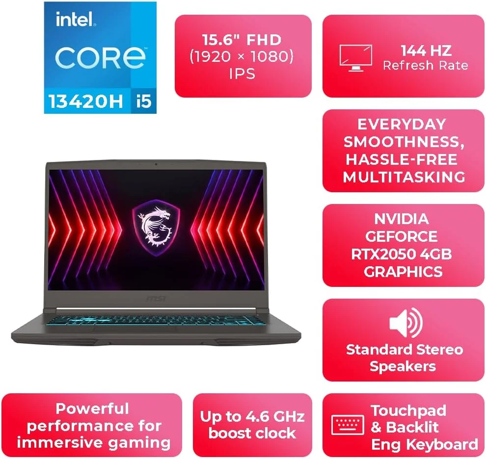 لپ تاپ گیمینگ MSI Thin 15 B13UCX - پردازنده i5-13420H، رم 16 گیگابایتی، SSD 512 گیگابایتی، کارت گرافیک RTX 2050، صفحه نمایش 15.6 اینچی FHD 144 هرتز، ویندوز 11 پرو، خاکستری کیهانی (ارتقا یافته) - 9S7-16R831-2257 لپ تاپ گیمینگ MSI Thin 15 B13UCX - پردازنده i5-13420H، رم 16 گیگابایتی، SSD 512 گیگابایتی، کارت گرافیک RTX 2050، صفحه نمایش 15.6 اینچی FHD 144 هرتز، ویندوز 11 پرو، خاکستری کیهانی (ارتقا یافته) - 9S7-16R831-2257