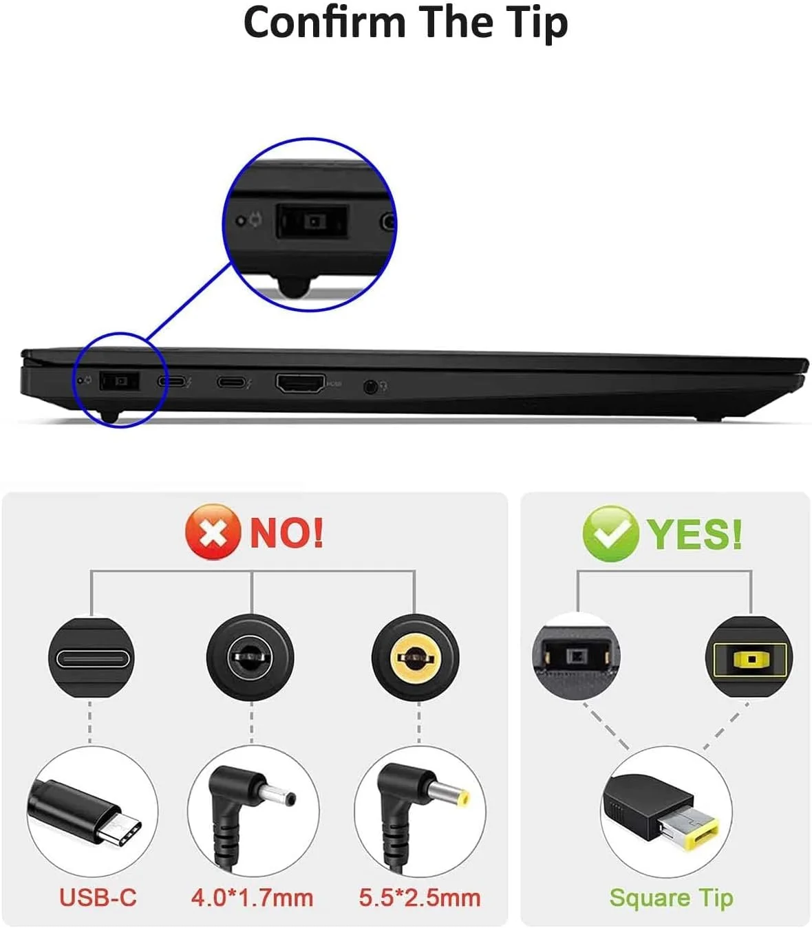 SANMUGEED USB C Charging Adapter for Lenovo, Female USB-C to Slim Square Yellow Tip Converter 100w PD Charger Adapter for Lenovo Thinkpad x1 Carbon t470 t460 t450 t440