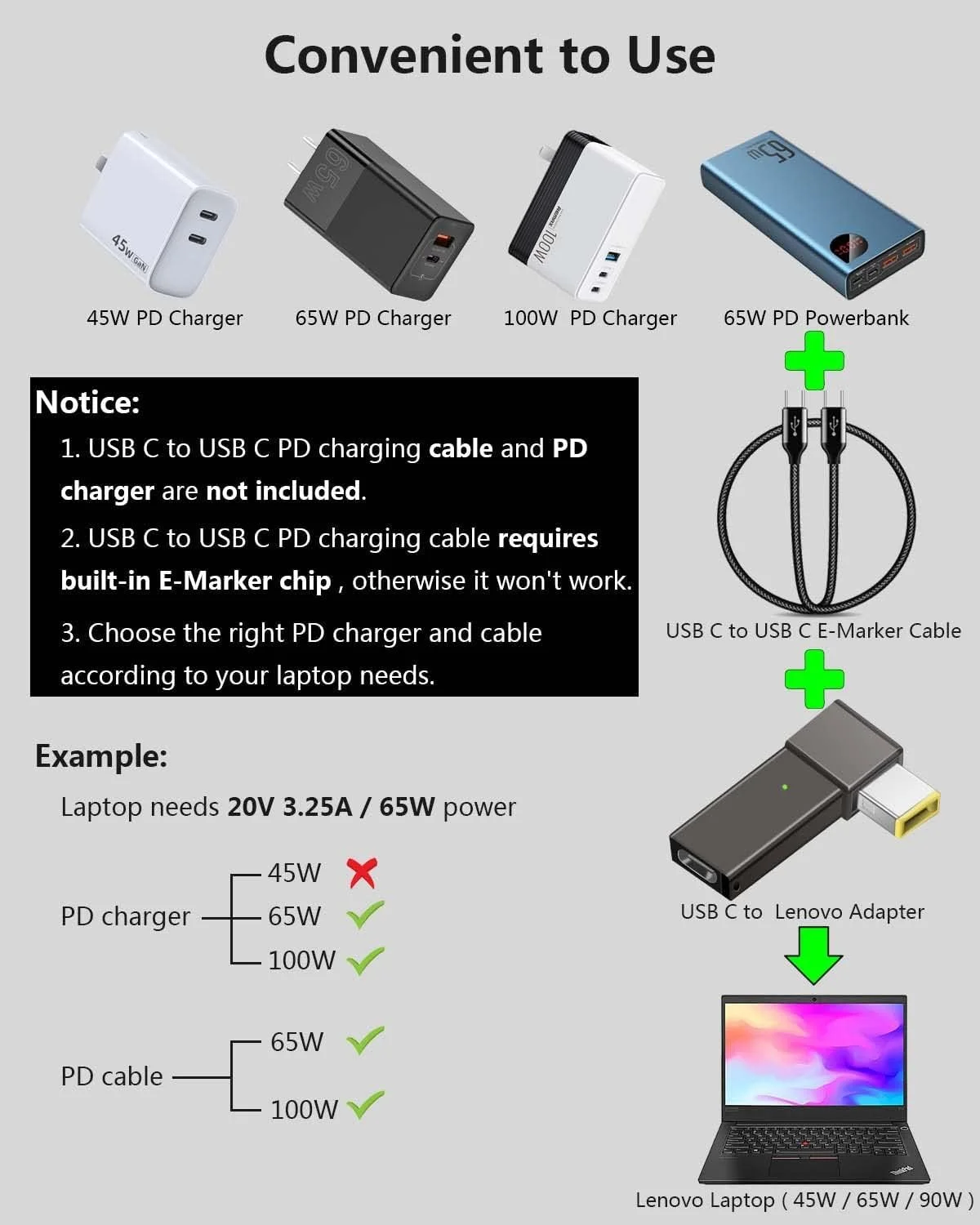 SANMUGEED USB C Charging Adapter for Lenovo, Female USB-C to Slim Square Yellow Tip Converter 100w PD Charger Adapter for Lenovo Thinkpad x1 Carbon t470 t460 t450 t440