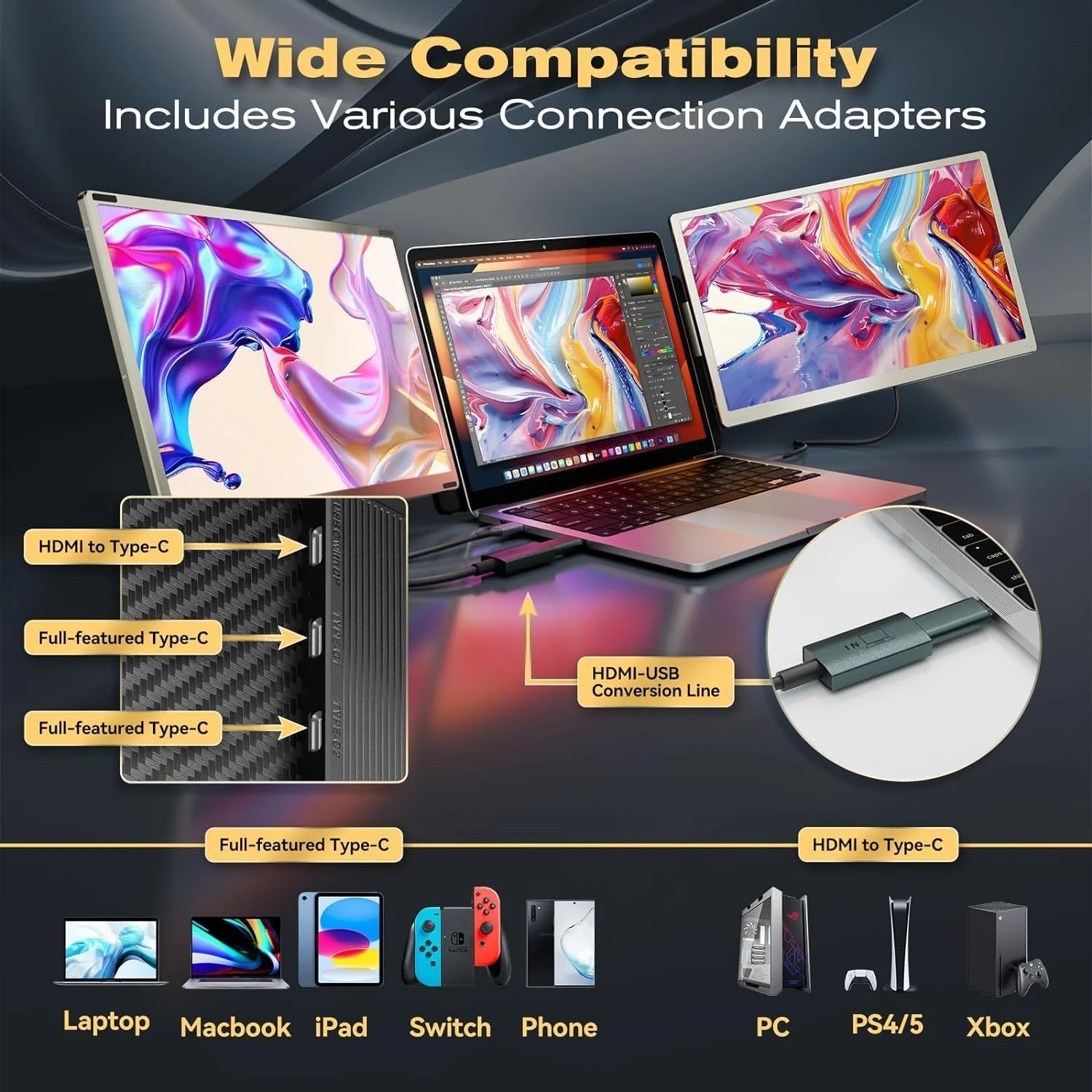 اکستندر صفحه نمایش لپ تاپ V2COM، مانیتور دوگانه 15.6 اینچی FHD 1080P IPS، مانیتور قابل حمل برای لپ تاپ های 13-17.3 اینچی با پورت USB-C/HDMI (S6 / 15.6 اینچ)