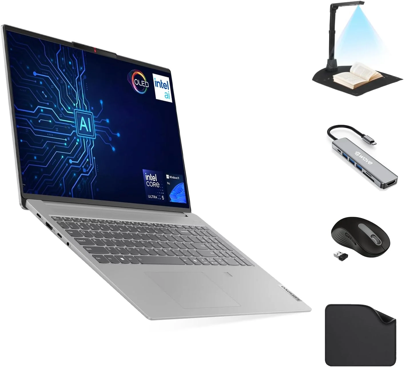 لپ تاپ 16 اینچی 2K OLED لنوو IdeaPad Slim 5 - Intel Ultra 5-125H • 16 گیگابایت رم • 1 ترابایت SSD • صفحه نمایش 120 هرتز HDR • Wi-Fi 6E • Win11 Pro • خاکستری ابری - همراه با اسکنر اسناد First Wave، هاب 7 در 1، ماوس و ماوس پد