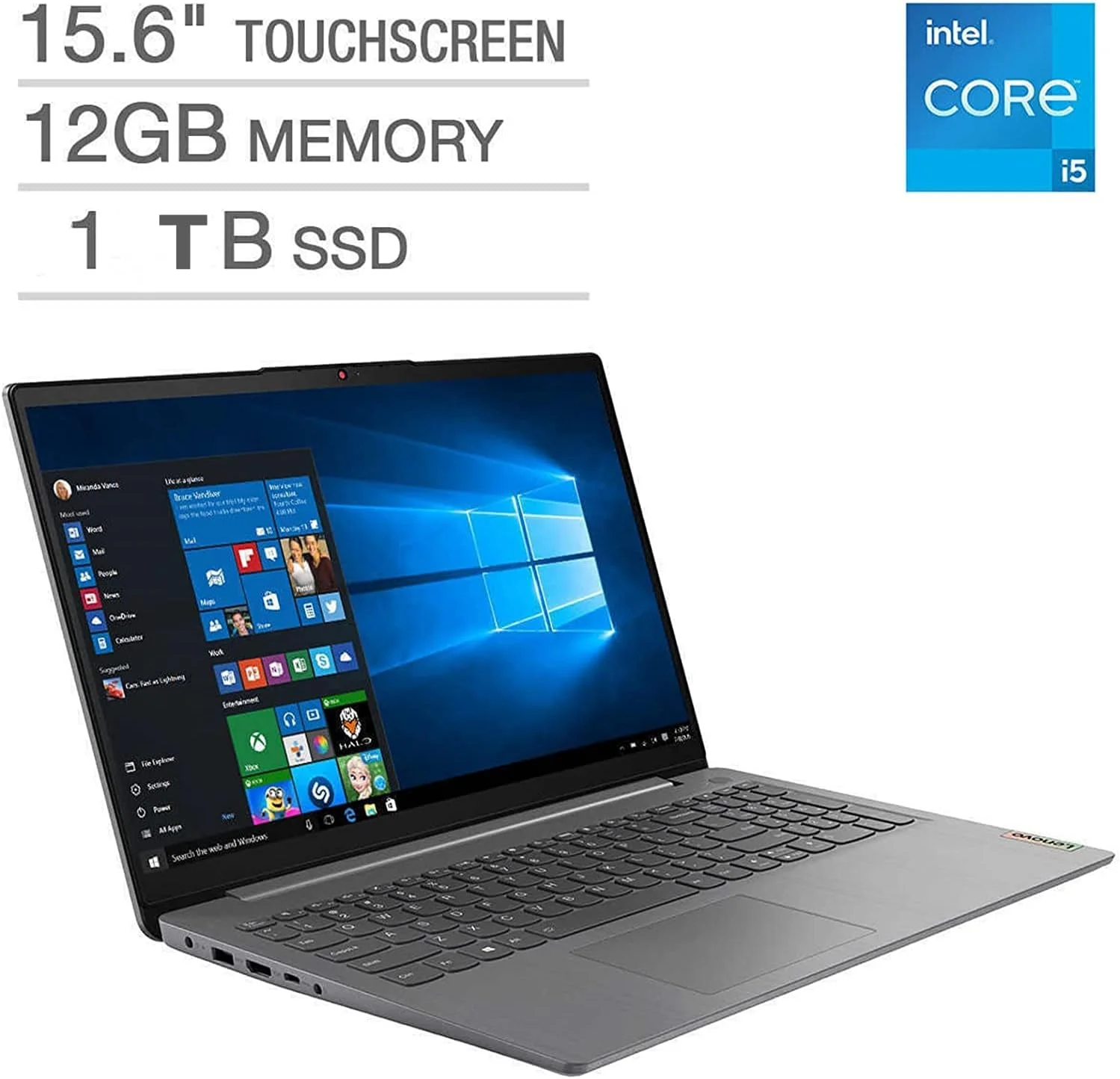 لپ تاپ نوت بوک لنوو Ideapad 3، صفحه نمایش لمسی 15.6 اینچی FHD (1920x1080)، حسگر اثر انگشت، پردازنده Intel Core i5-1135G7 تا 2.4 گیگاهرتز، 4 هسته، 12 گیگابایت رم، 1 ترابایت SSD، بلوتوث، خاکستری قطبی، ویندوز 10، پد ماوس EAT