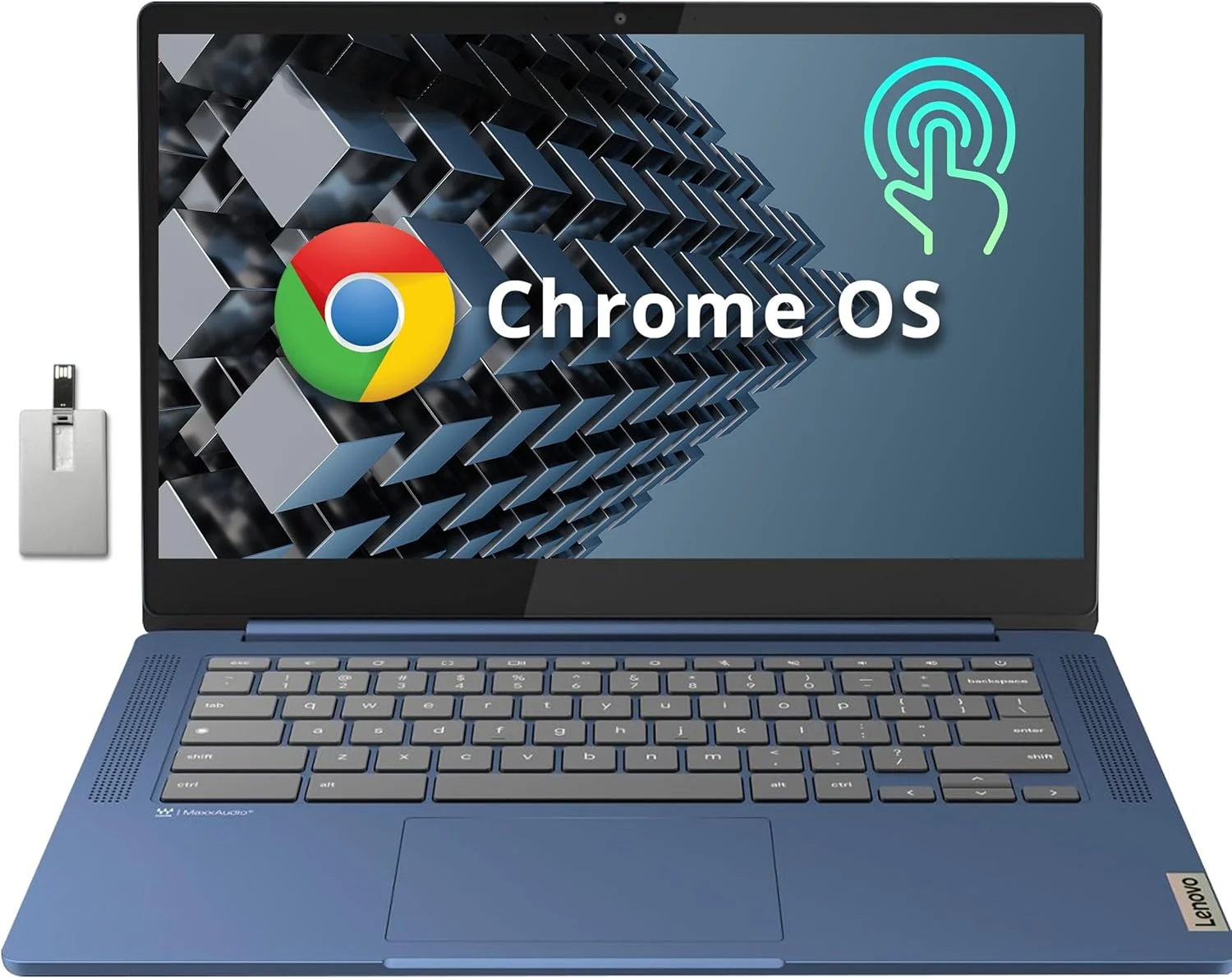 لپ تاپ لمسی 14 اینچی Lenovo IdeaPad Slim 3 Chromebook، پردازنده MediaTek Kompanio 520، رم 4 گیگابایتی، حافظه eMMC 64 گیگابایتی، وب کم، کیبورد معمولی، WiFi6، سیستم عامل Chrome، آبی تیره، کارت USB Hotface 128 گیگابایتی