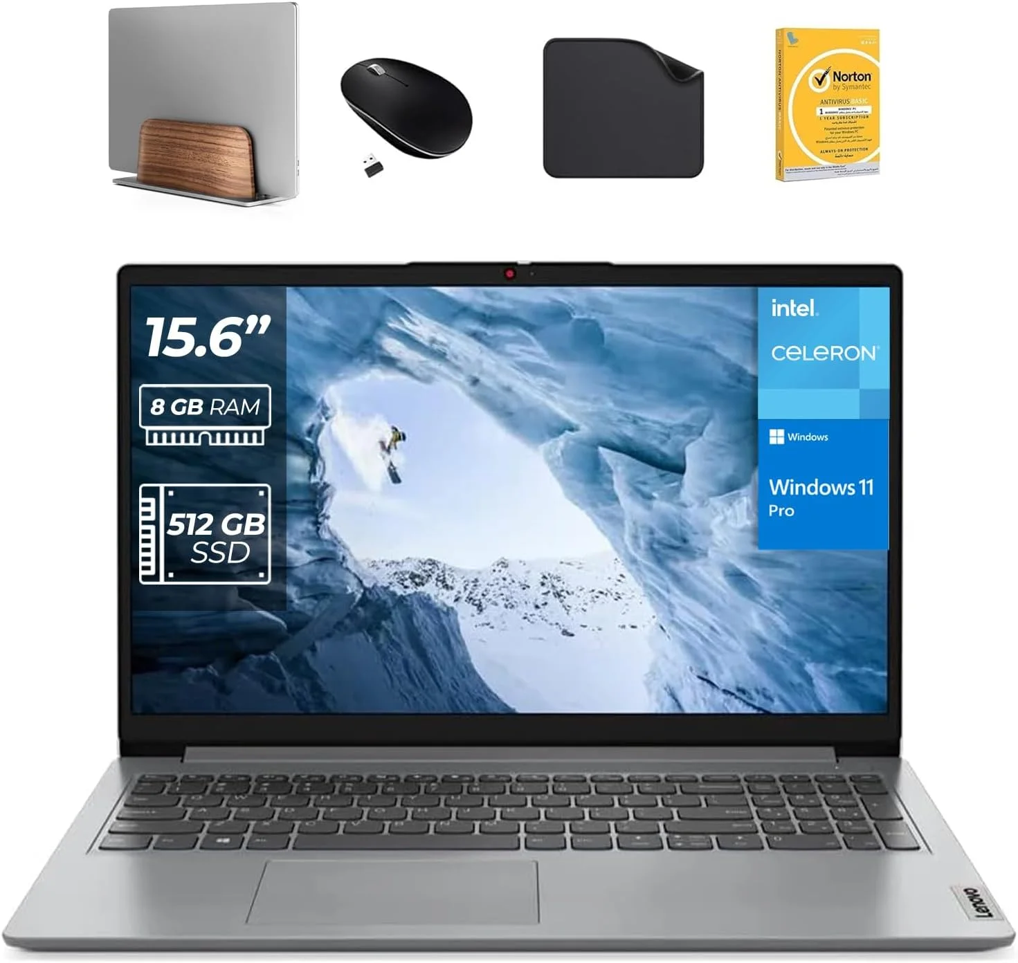 لپ تاپ تجاری لنوو IdeaPad 1 (15iJL7) اینتل Core N4500، رم 4 گیگابایت، SSD 512 گیگابایت، ویندوز 11 پرو (شامل پایه لپ تاپ عمودی First Wave + ماوس بی سیم + آنتی ویروس + پد ماوس First Wave)