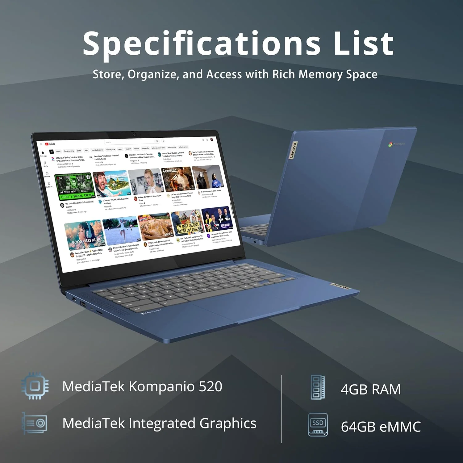 لپ تاپ لمسی 14 اینچی Lenovo IdeaPad Slim 3 Chromebook، پردازنده MediaTek Kompanio 520، رم 4 گیگابایتی، حافظه eMMC 64 گیگابایتی، وب کم، کیبورد معمولی، WiFi6، سیستم عامل Chrome، آبی تیره، کارت USB Hotface 128 گیگابایتی