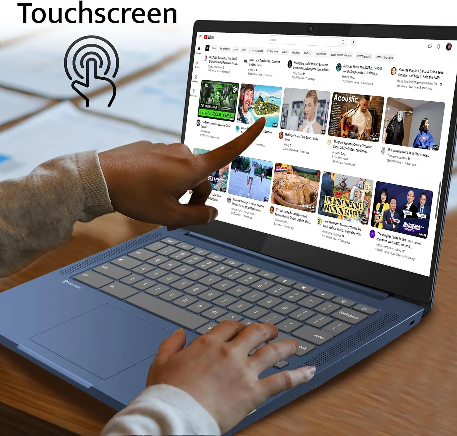 لپ تاپ لمسی 14 اینچی Lenovo IdeaPad Slim 3 Chromebook، پردازنده MediaTek Kompanio 520، رم 4 گیگابایتی، حافظه eMMC 64 گیگابایتی، وب کم، کیبورد معمولی، WiFi6، سیستم عامل Chrome، آبی تیره، کارت USB Hotface 128 گیگابایتی