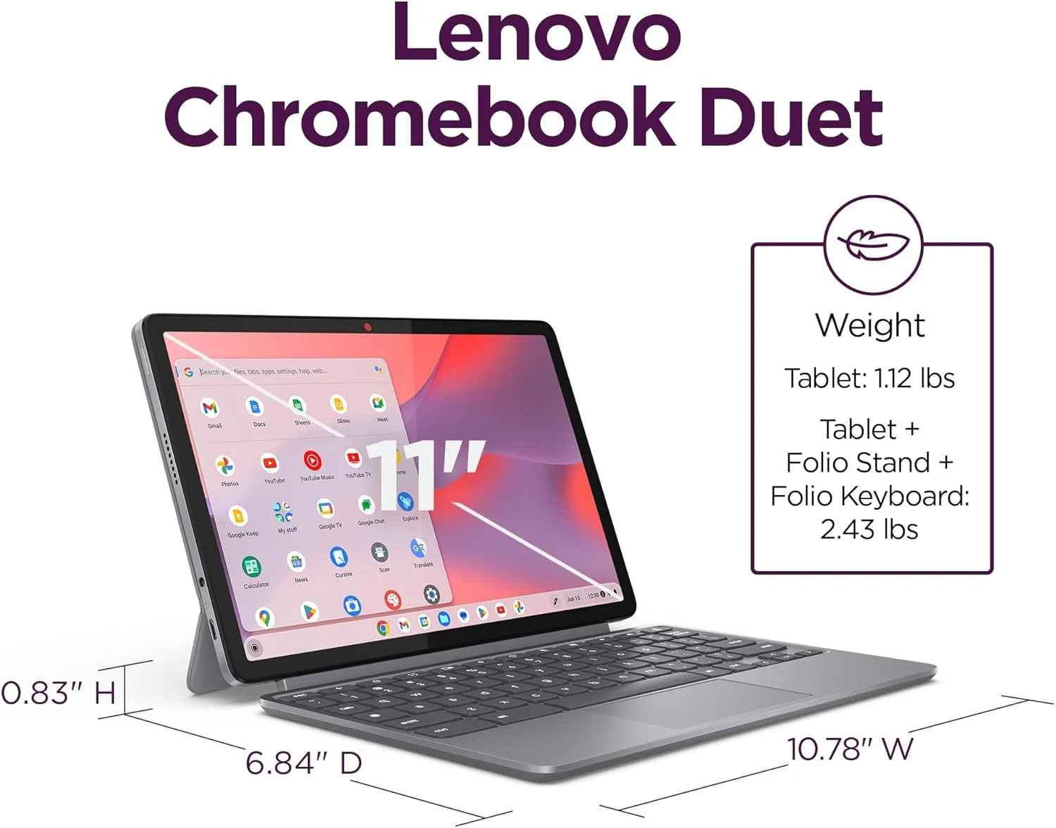 لنوو Chromebook Duet - 2024 - لپ تاپ ضروری - سیستم عامل Chrome - صفحه نمایش لمسی 10.95 اینچی WUXGA - حافظه 4 گیگابایتی - فضای ذخیره سازی 64 گیگابایتی - MediaTek Kompanio 838 - صفحه کلید جداشدنی - خاکستری لونا