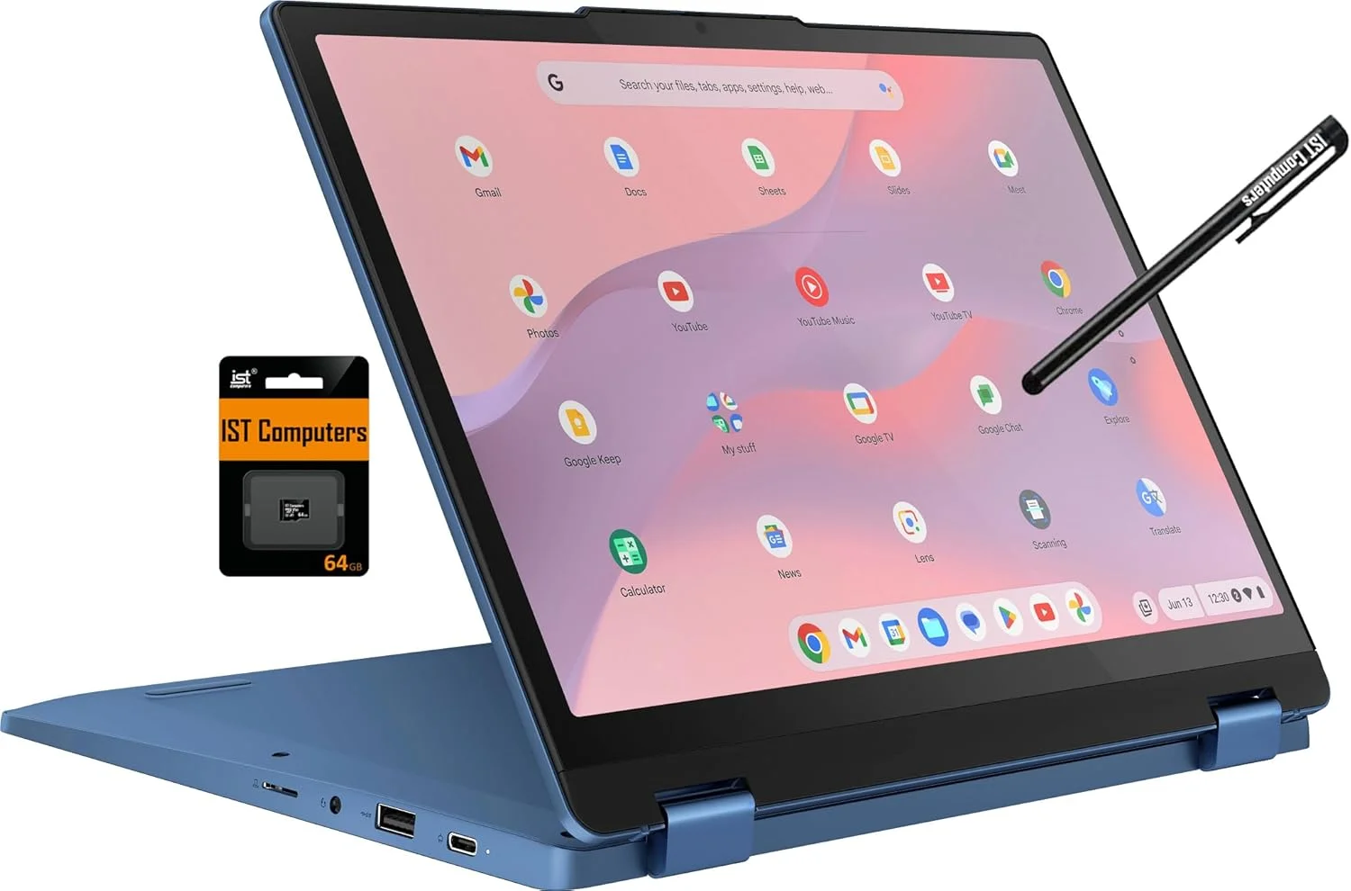 لپ تاپ 2 در 1 لمسی 12.2 اینچی Lenovo Flex 3 Chromebook FHD+ (پردازنده Intel N100، رم 4 گیگابایتی DDR5، حافظه 128 گیگابایتی (64 گیگابایت eMMC + کارت SD 64 گیگابایتی)) مناسب دانش آموزان و آموزش، وب کم، NFC، HDMI، USB-C، قلم IST، سیستم عامل Chrome، آبی