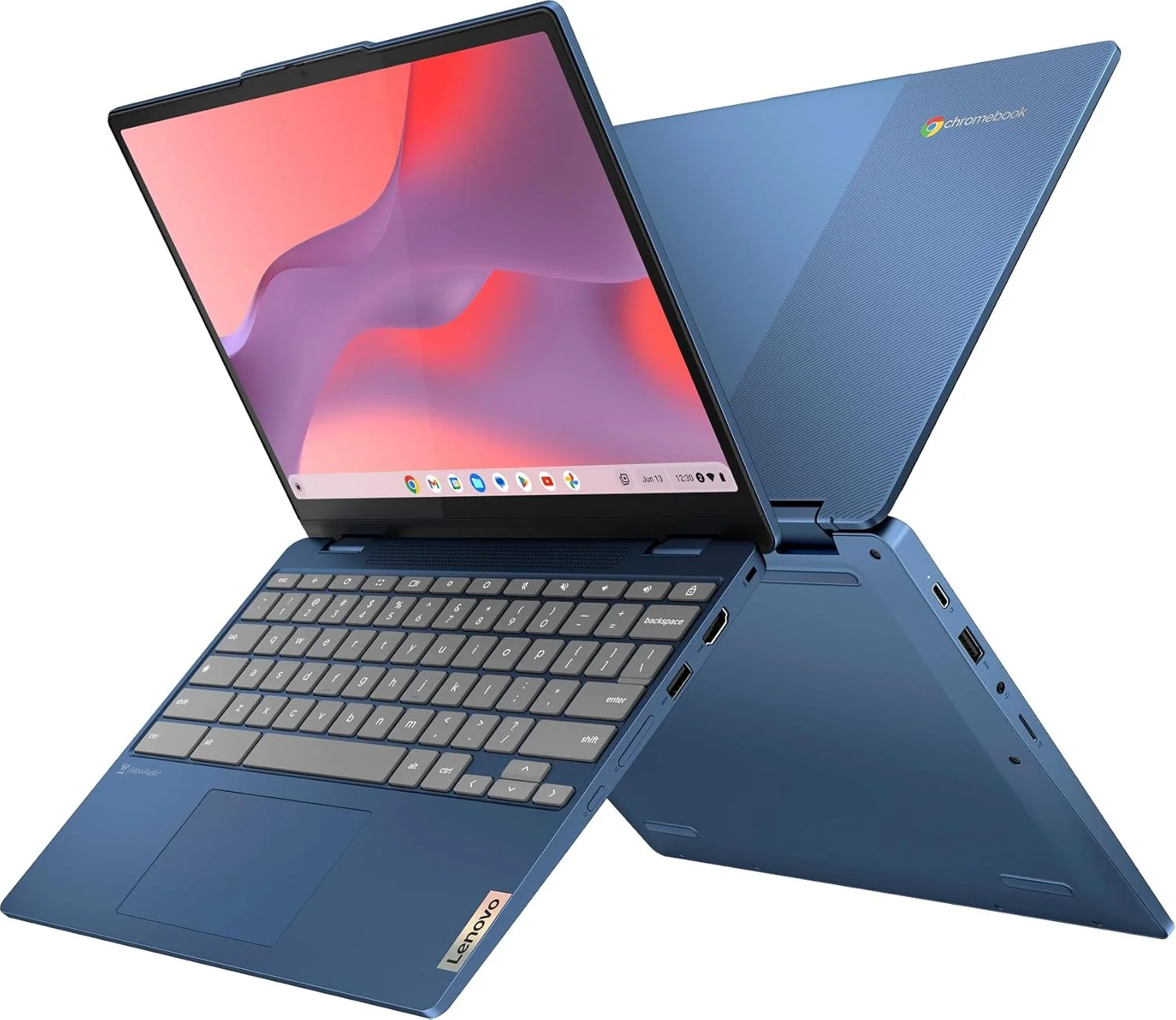 لپ تاپ 2 در 1 لمسی 12.2 اینچی Lenovo Flex 3 Chromebook FHD+ (پردازنده Intel N100، رم 4 گیگابایتی DDR5، حافظه 128 گیگابایتی (64 گیگابایت eMMC + کارت SD 64 گیگابایتی)) مناسب دانش آموزان و آموزش، وب کم، NFC، HDMI، USB-C، قلم IST، سیستم عامل Chrome، آبی
