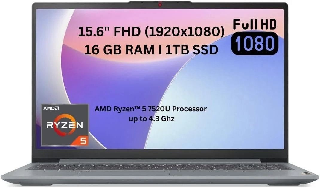 لپ تاپ لنوو IdeaPad Slim 3 15IRH8 - پردازنده AMD Ryzen 5 7520U، نمایشگر 15.6 اینچی FHD، رم 16 گیگابایتی، حافظه SSD 1 ترابایتی، گرافیک AMD Radeon، ویندوز 11، کیبورد انگلیسی UK، خاکستری قطبی (ارتقا یافته)