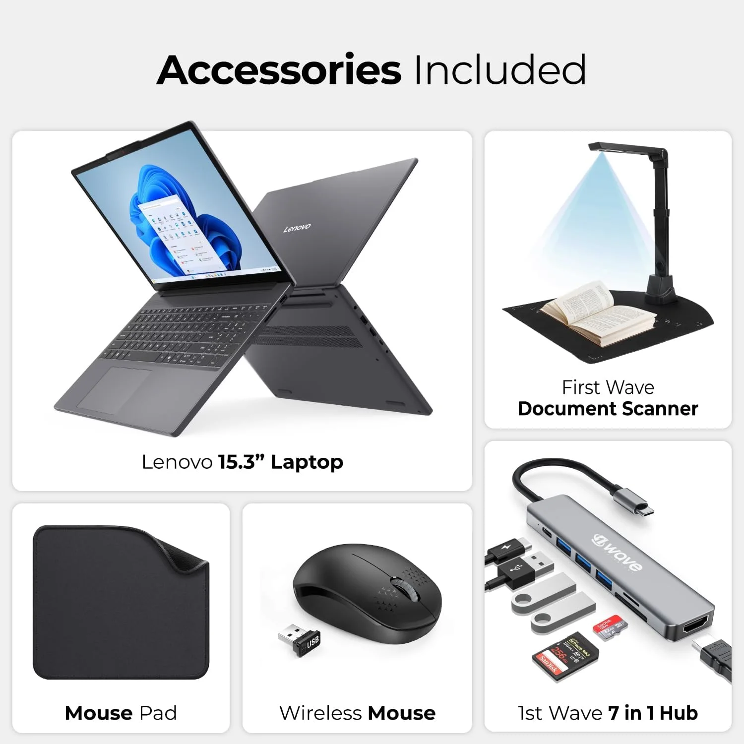 لپ تاپ لنوو IdeaPad Slim 3 15IRH10، نسل سیزدهم اینتل i7-13620H، رم 16 گیگابایت، SSD 512 گیگابایت، صفحه نمایش 15.3 اینچی WUXGA IPS، ویندوز 11 پرو، خاکستری لونا - باندل موج اول با اسکنر اسناد، هاب 7 در 1، ماوس و ماوس پد