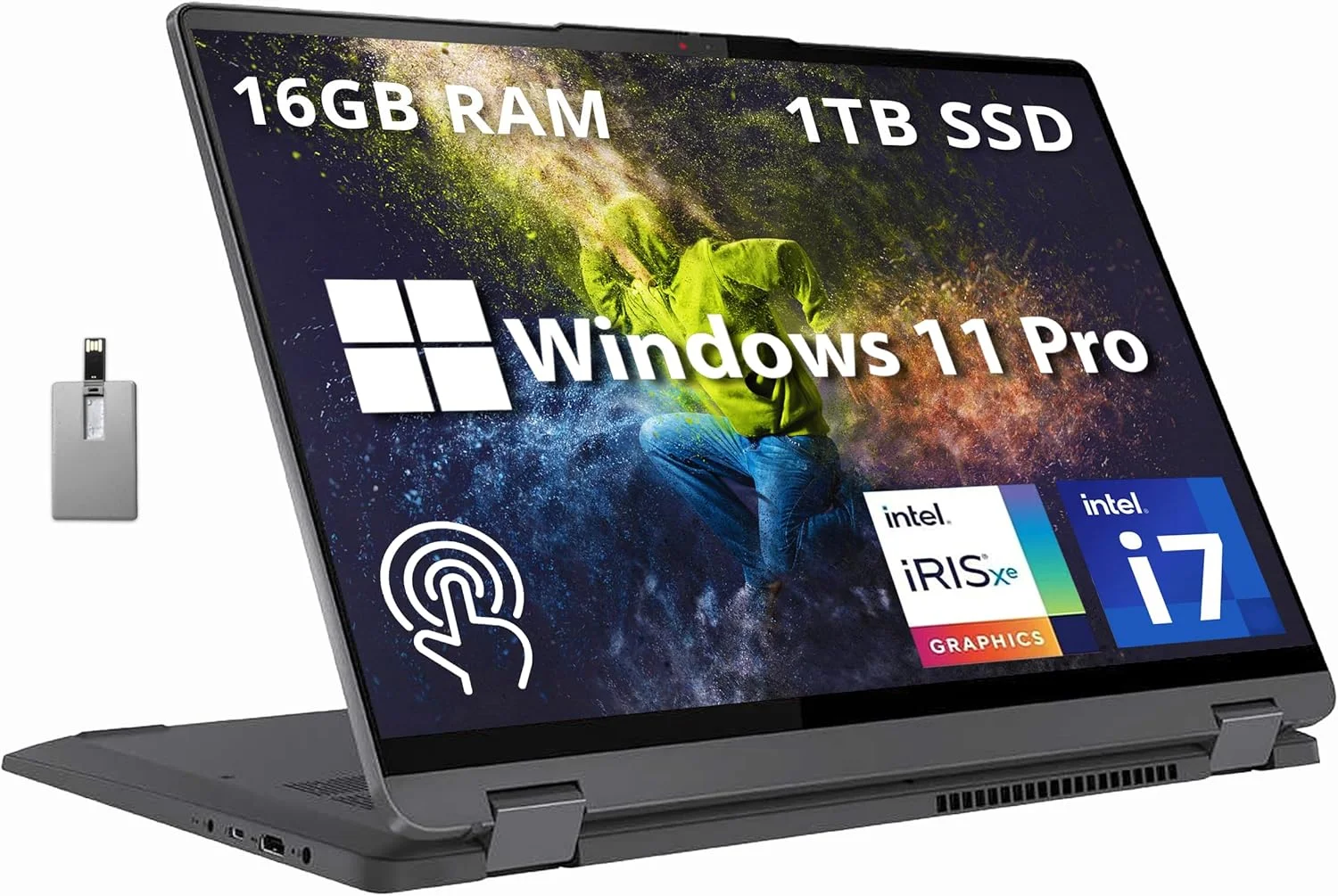 لپ تاپ لمسی 2 در 1 لنوو IdeaPad Flex 5 با صفحه نمایش 16 اینچی 2.5K IPS، پردازنده Intel Core i7-1255U، رم 16 گیگابایتی، حافظه SSD 1 ترابایتی، کیبورد با نور پس زمینه، حسگر اثر انگشت، ویندوز 11 پرو، خاکستری طوفانی، کارت USB هات فیس 32 گیگابایتی، خاکستری