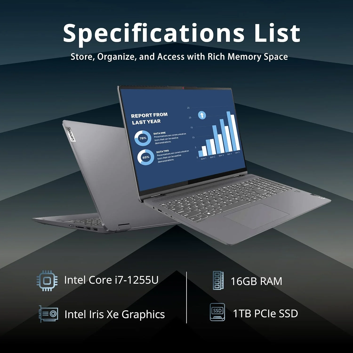 لپ تاپ لمسی 2 در 1 لنوو IdeaPad Flex 5 با صفحه نمایش 16 اینچی 2.5K IPS، پردازنده Intel Core i7-1255U، رم 16 گیگابایتی، حافظه SSD 1 ترابایتی، کیبورد با نور پس زمینه، حسگر اثر انگشت، ویندوز 11 پرو، خاکستری طوفانی، کارت USB هات فیس 32 گیگابایتی، خاکستری لپ تاپ لمسی 2 در 1 لنوو IdeaPad Flex 5 با صفحه نمایش 16 اینچی 2.5K IPS، پردازنده Intel Core i7-1255U، رم 16 گیگابایتی، حافظه SSD 1 ترابایتی، کیبورد با نور پس زمینه، حسگر اثر انگشت، ویندوز 11 پرو، خاکستری طوفانی، کارت USB هات فیس 32 گیگابایتی، خاکستری