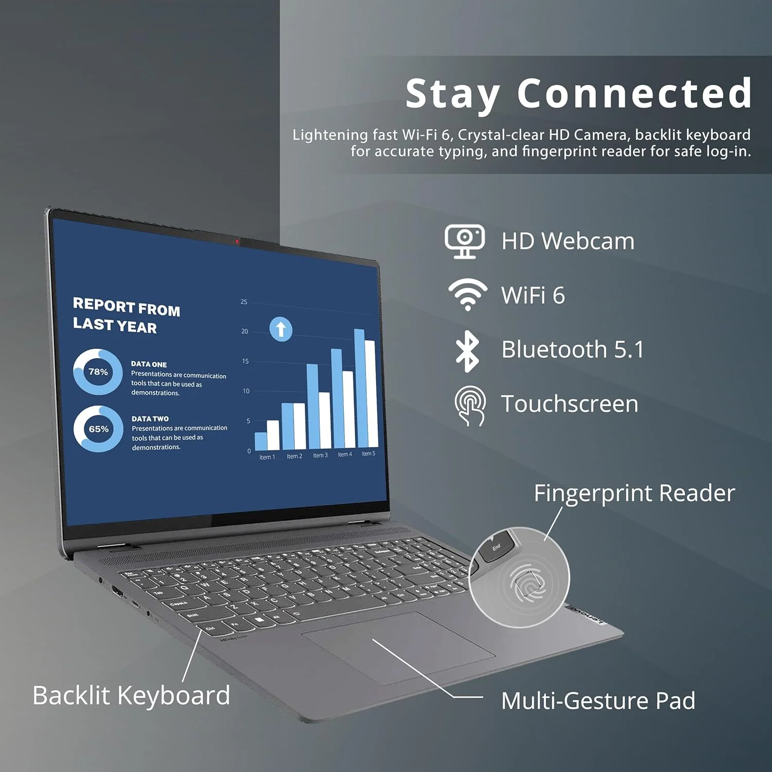 لپ تاپ لمسی 2 در 1 لنوو IdeaPad Flex 5 با صفحه نمایش 16 اینچی 2.5K IPS، پردازنده Intel Core i7-1255U، رم 16 گیگابایتی، حافظه SSD 1 ترابایتی، کیبورد با نور پس زمینه، حسگر اثر انگشت، ویندوز 11 پرو، خاکستری طوفانی، کارت USB هات فیس 32 گیگابایتی، خاکستری لپ تاپ لمسی 2 در 1 لنوو IdeaPad Flex 5 با صفحه نمایش 16 اینچی 2.5K IPS، پردازنده Intel Core i7-1255U، رم 16 گیگابایتی، حافظه SSD 1 ترابایتی، کیبورد با نور پس زمینه، حسگر اثر انگشت، ویندوز 11 پرو، خاکستری طوفانی، کارت USB هات فیس 32 گیگابایتی، خاکستری