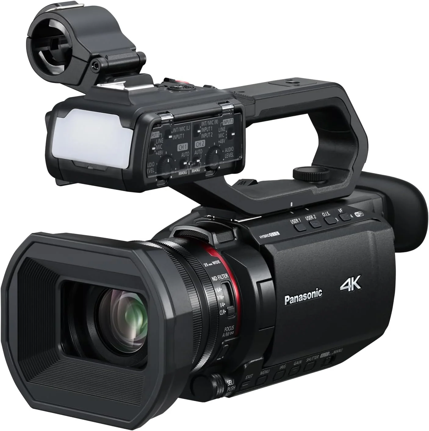 دوربین فیلمبرداری حرفه ای 4K 60p پاناسونیک مدل AG-CX18EH با لنز واید 25 میلی متری، زوم 24 برابر، 3G-SDI، XLR، لرزشگیر تصویر هیبریدی 5 محوره، چراغ LED، Wi-Fi، USB PD، مشکی