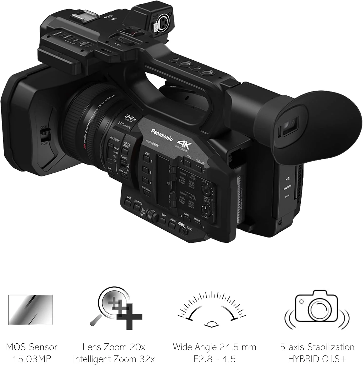 دوربین فیلمبرداری حرفه ای 4K 60p پاناسونیک HC-X2E-K، دوربین فیلمبرداری با سنسور MOS 1.0 اینچی 15 مگاپیکسلی، زوم اپتیکال 20 برابر، i.ZOOM 32 برابر (FHD)، خروجی 3G-SDI، ورودی XLR، ریموت سیمی دوربین فیلمبرداری حرفه ای 4K 60p پاناسونیک HC-X2E-K، دوربین فیلمبرداری با سنسور MOS 1.0 اینچی 15 مگاپیکسلی، زوم اپتیکال 20 برابر، i.ZOOM 32 برابر (FHD)، خروجی 3G-SDI، ورودی XLR، ریموت سیمی
