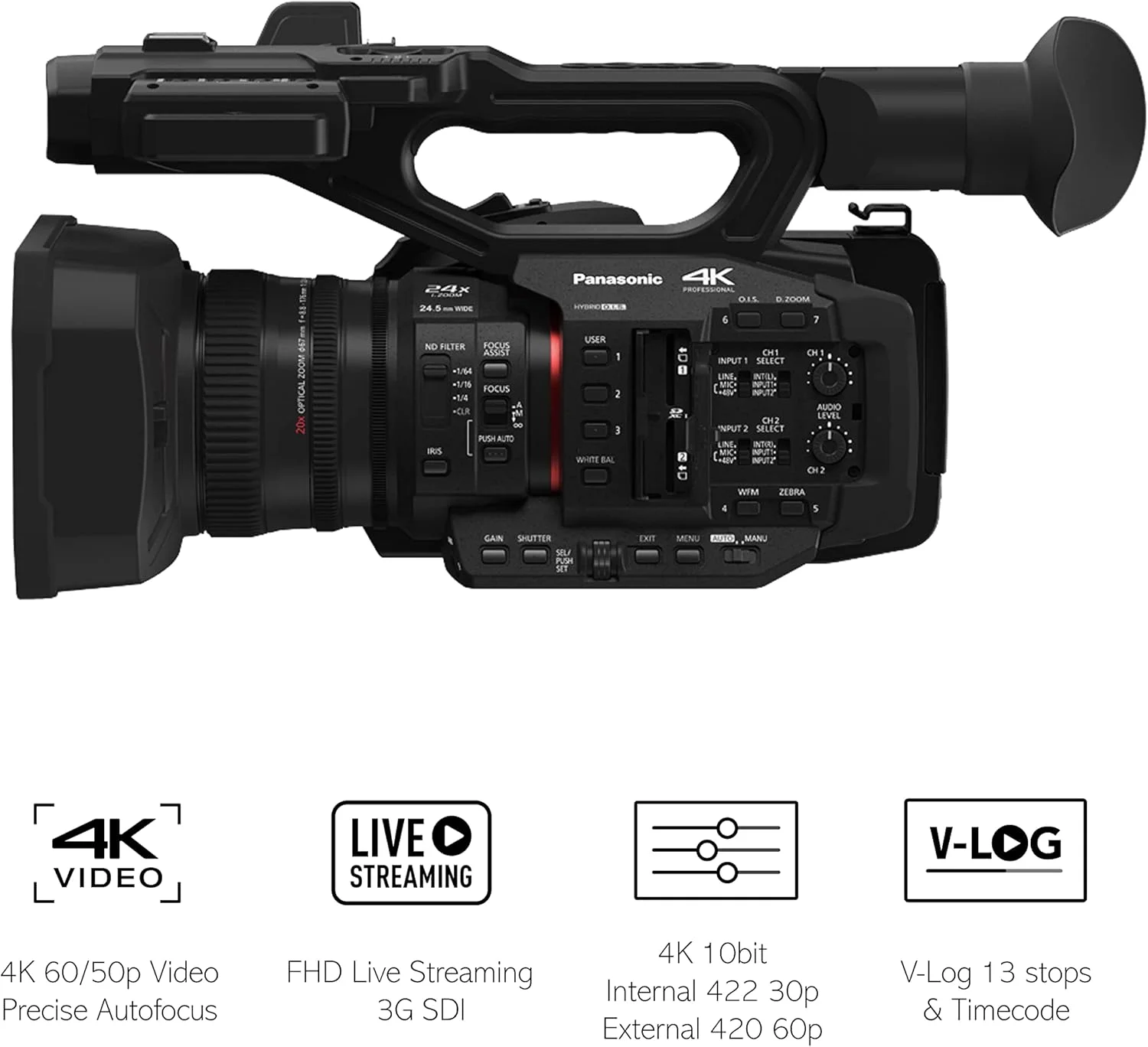 دوربین فیلمبرداری حرفه ای 4K 60p پاناسونیک HC-X2E-K، دوربین فیلمبرداری با سنسور MOS 1.0 اینچی 15 مگاپیکسلی، زوم اپتیکال 20 برابر، i.ZOOM 32 برابر (FHD)، خروجی 3G-SDI، ورودی XLR، ریموت سیمی دوربین فیلمبرداری حرفه ای 4K 60p پاناسونیک HC-X2E-K، دوربین فیلمبرداری با سنسور MOS 1.0 اینچی 15 مگاپیکسلی، زوم اپتیکال 20 برابر، i.ZOOM 32 برابر (FHD)، خروجی 3G-SDI، ورودی XLR، ریموت سیمی