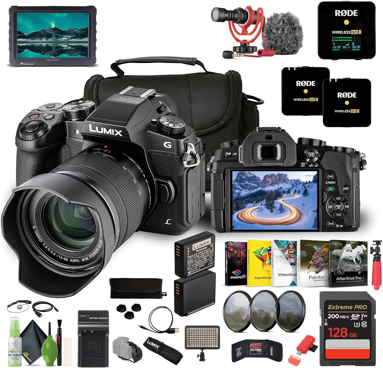 دوربین دیجیتال بدون آینه پاناسونیک Lumix DMC-G85 Micro Four Thirds با لنز 12-60 میلی‌متر + میکروفون Rode VideoMicro Camera-Mount + مانیتور 7 اینچی Full HD Lilliput A7S با پشتیبانی از 4K + موارد دیگر