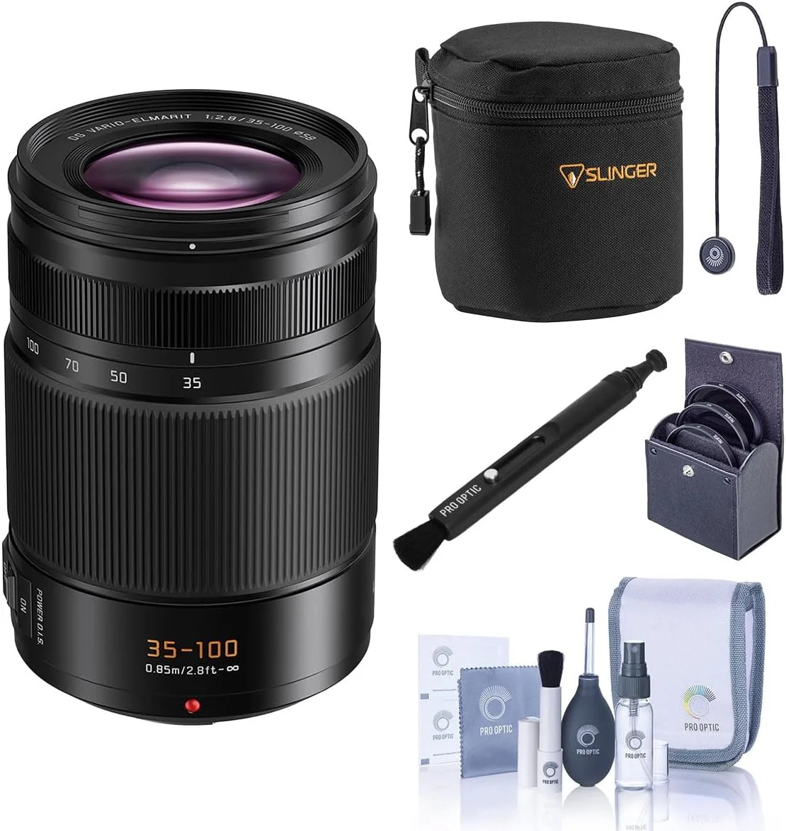 لنز پاناسونیک Leica DG Vario-Elmarit 35-100mm f/2.8، همراه با کیف کوچک لنز، کیت فیلتر 58 میلی‌متری، تمیزکننده لنز، کیت تمیزکننده و بند درب لنز