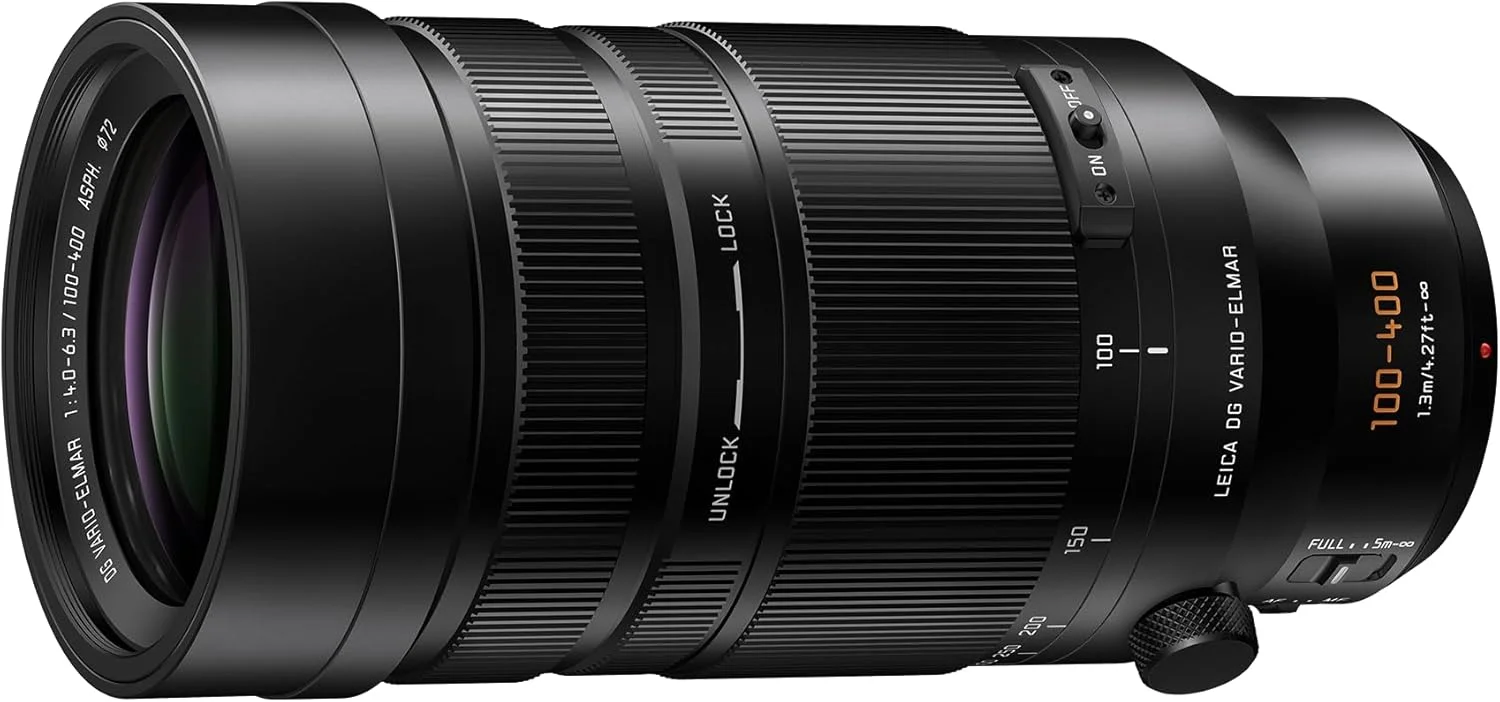 لنز زوم فوق العاده پاناسونیک Lumix H-RSA100400E Leica DG Vario-Elmar 100-400mm F4.0-6.3، لنز دوربین میکرو چهار سوم، لنز تله فوتو، Power OIS، مقاوم در برابر پاشش/گرد و غبار/یخ زدگی، ایده آل برای فیلمبرداری، مشکی