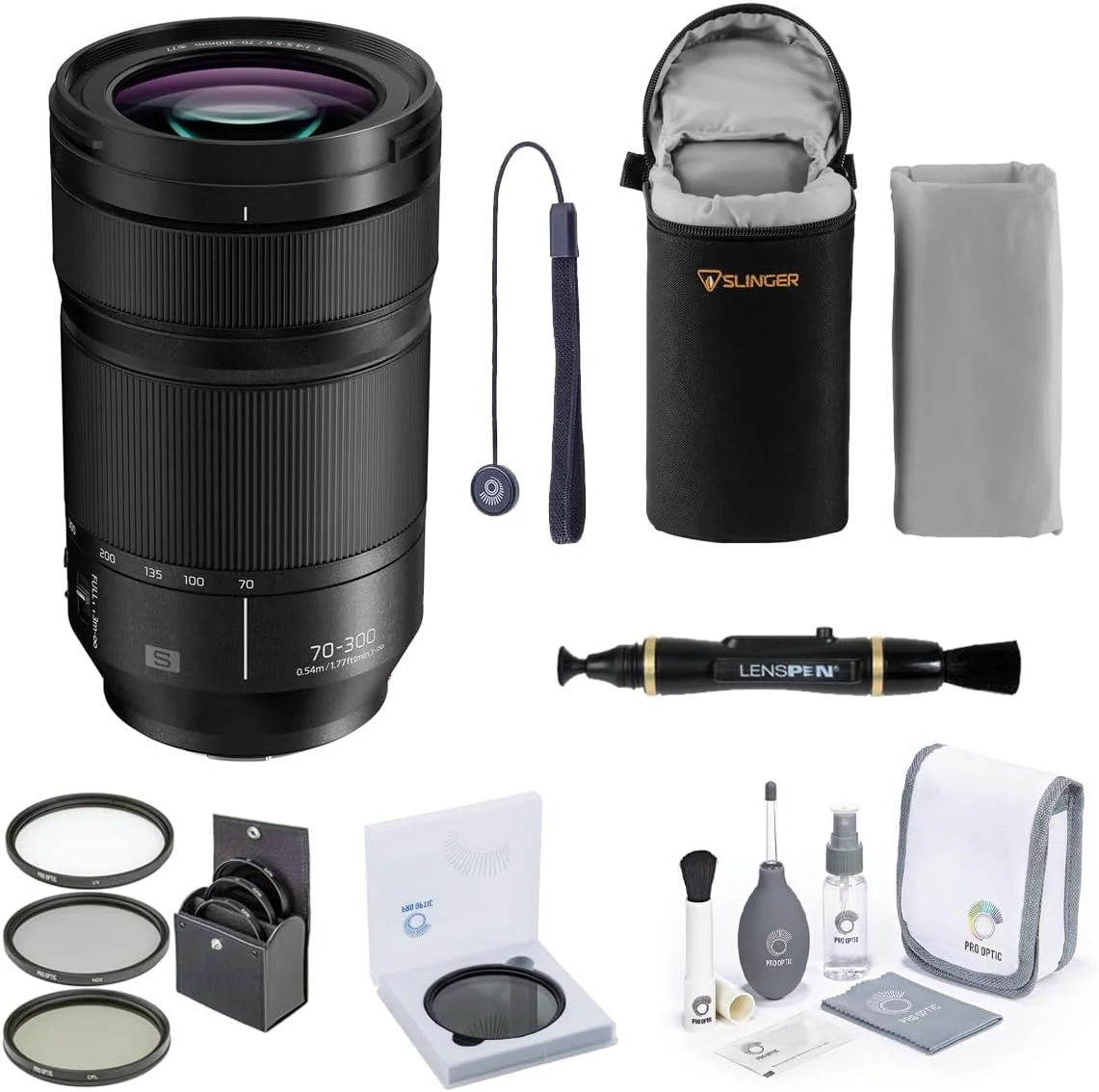 لنز پاناسونیک LUMIX S 70-300mm f/4.5-5.6 برای مانت L، همراه با بسته فیلتر 77mm ProOptic، کیف لنز، تمیز کننده لنز، کیت تمیز کننده، بند درب لنز