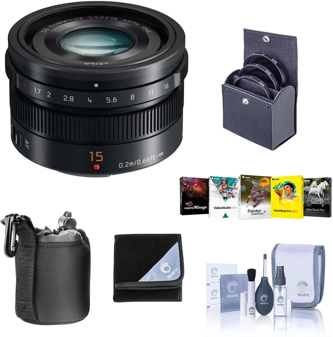 لنز پاناسونیک Lumix G Leica DG Summilux 15mm f/1.7 Asph برای میکرو چهار سوم، مشکی، همراه با کیت فیلتر باور 46 میلی‌متری، کیت فیلتر ProOptic 46 میلی‌متری، کیف لنز، کیت تمیزکننده، روکش لنز، کیت نرم‌افزاری