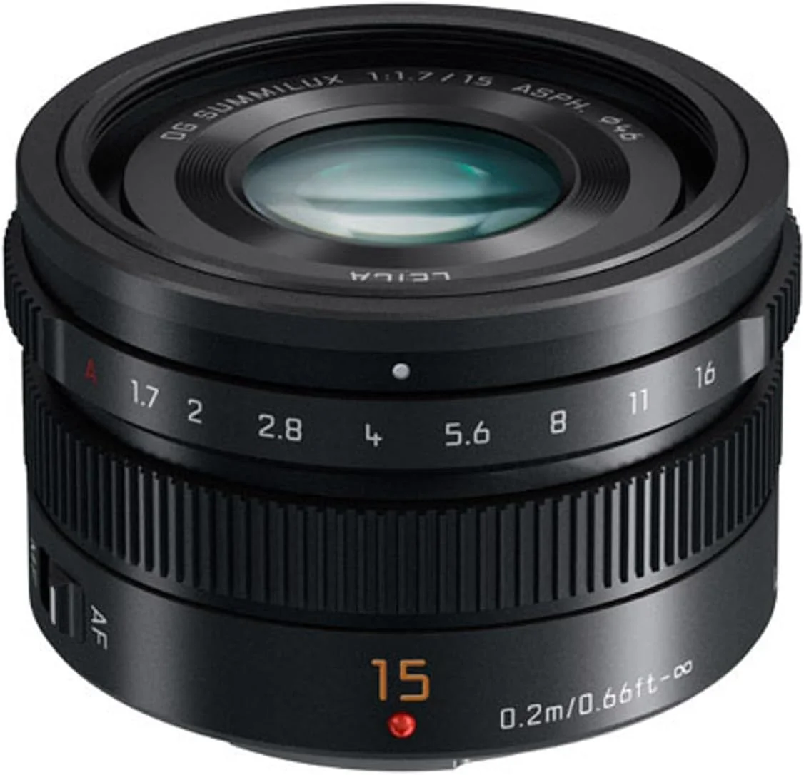 لنز پاناسونیک Lumix G Leica DG Summilux 15mm f/1.7 Asph برای میکرو چهار سوم، مشکی، همراه با کیت فیلتر باور 46 میلی‌متری، کیت فیلتر ProOptic 46 میلی‌متری، کیف لنز، کیت تمیزکننده، روکش لنز، کیت نرم‌افزاری
