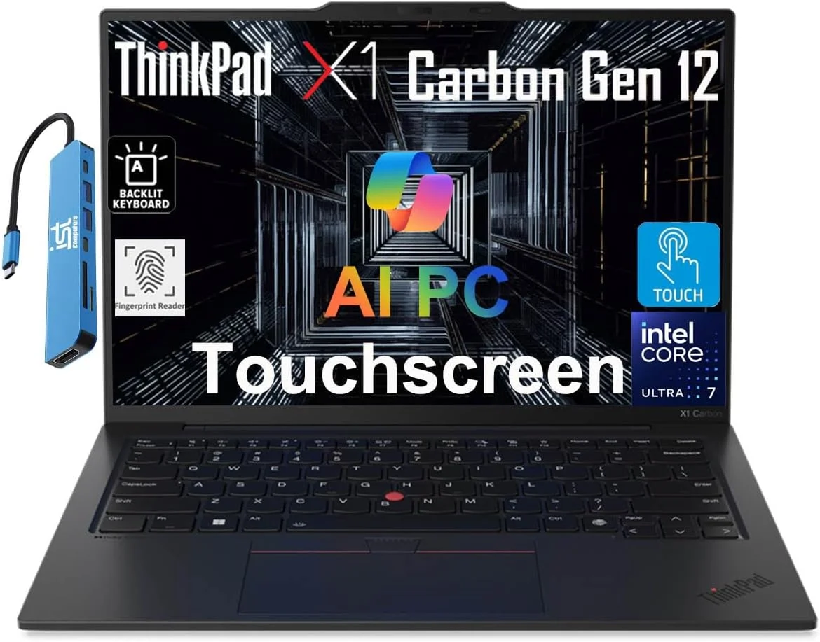 لپ تاپ لنوو ThinkPad X1 Carbon نسل 12 (صفحه نمایش لمسی 14 اینچی FHD+، پردازنده Intel Core Ultra 7 165U vPro، رم 32 گیگابایت / حافظه SSD 1 ترابایت)، کامپیوتر هوش مصنوعی، نور پس زمینه، حسگر اثر انگشت، IST Hub، وب کم 1080p، ویندوز 11 پرو با هوش مصنوعی Copilot، مشکی، 21KC000MUS