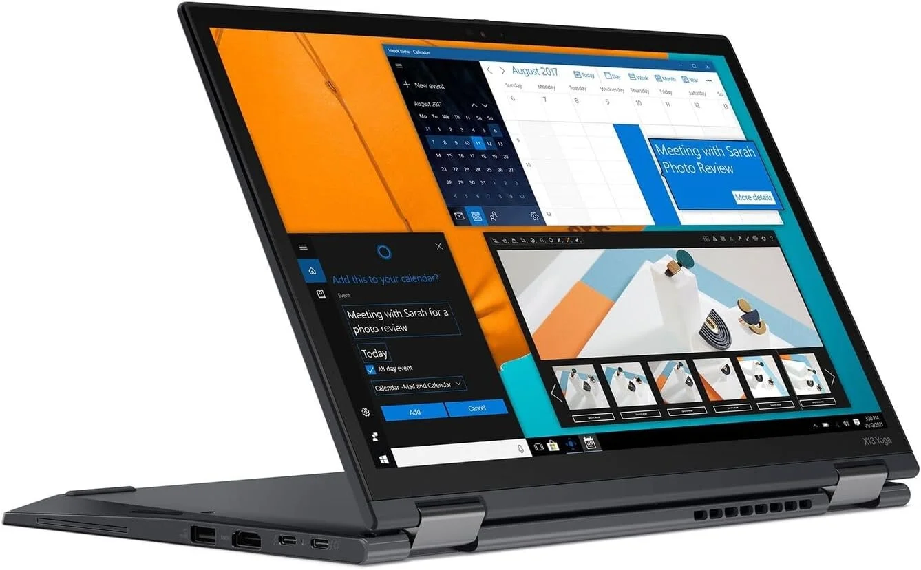 لپ تاپ 2 در 1 لنوو ThinkPad X13 Yoga (بازسازی شده) با صفحه نمایش لمسی 13.3 اینچی، پردازنده Intel Core i5-1185G7 vPro، رم 8 گیگابایتی، SSD 256 گیگابایتی، پهنای باند موبایل 4G LTE، قلم دیجیتال و Windows 11 Pro