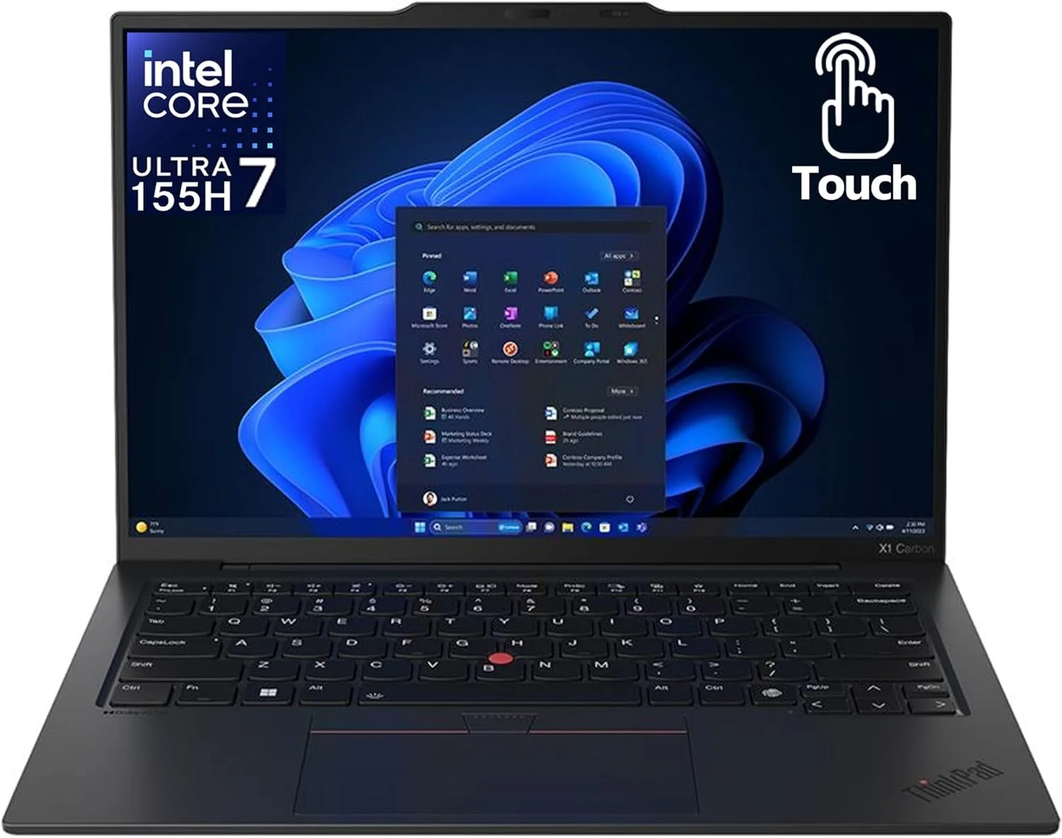 لپ تاپ لنوو ThinkPad X1 Carbon نسل 12 با پردازنده Intel Ultra 7 155U، صفحه نمایش لمسی 14 اینچی WUXGA 100% sRGB، رم 32 گیگابایتی DDR5، حافظه SSD 1 ترابایتی Gen4، دوربین FHD+ IR+ RGB و ویندوز 11 پرو