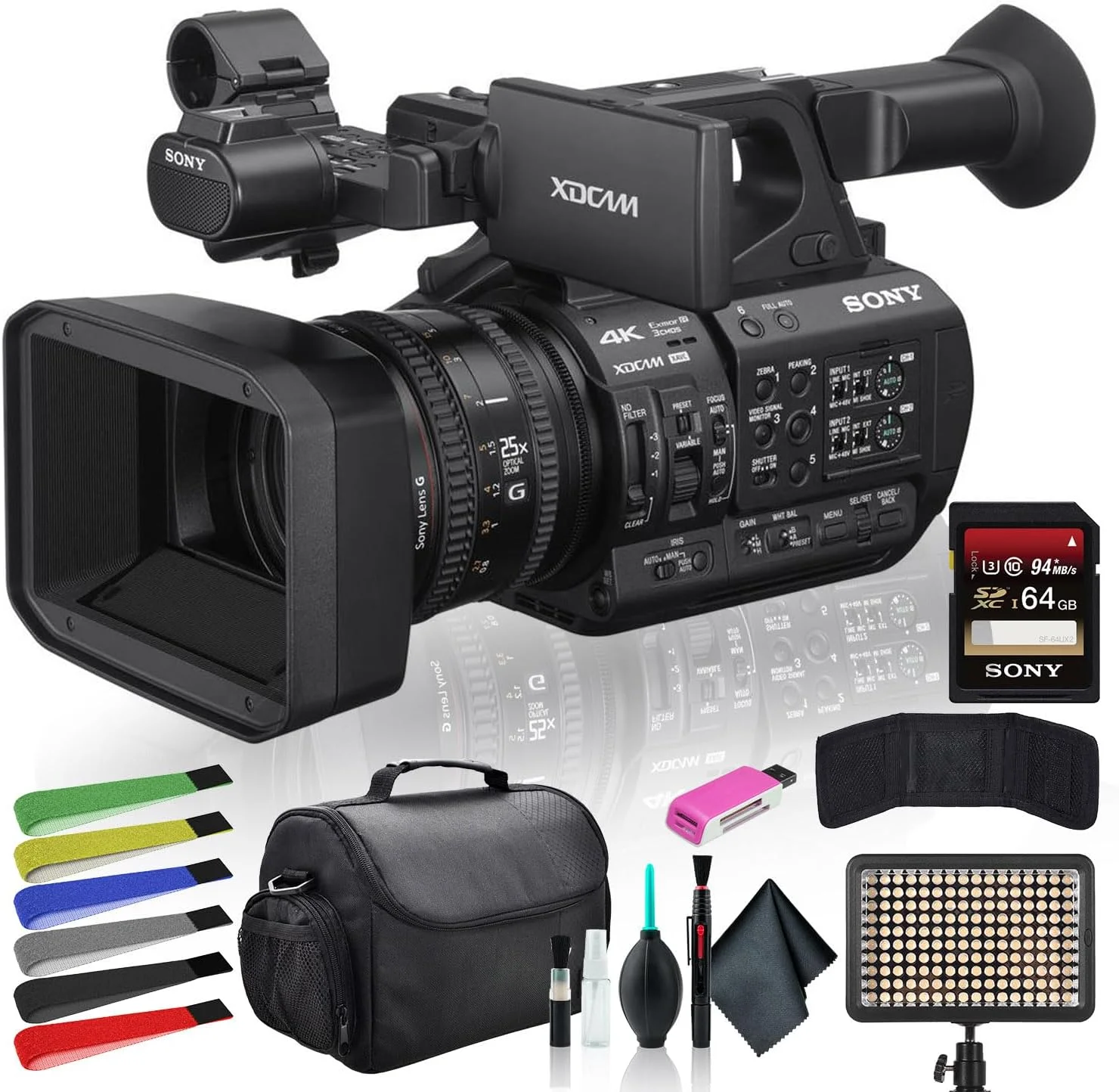 دوربین فیلمبرداری 4K سونی PXW-Z190V XDCAM با کیف پد دار، چراغ LED، کارت حافظه 64 گیگابایتی و سایر لوازم جانبی