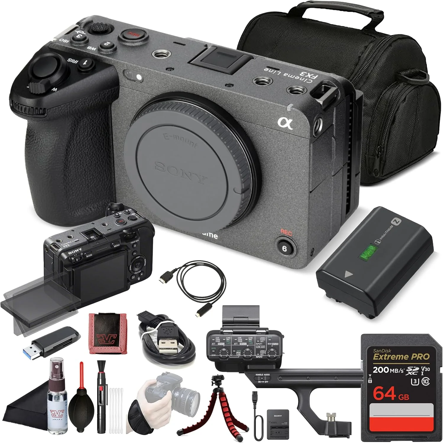 دوربین فیلمبرداری فول فریم بدون آینه Sony FX3 Cinema Line (ILME-FX3) - سنسور 12.1 مگاپیکسلی Exmor R BSI | 4K تا 120 فریم بر ثانیه با دامنه دینامیکی 15+ استاپ به همراه کارت حافظه 64 گیگابایتی، کیف، سه پایه انعطاف پذیر، نگهدارنده درب لنز و موارد دیگر