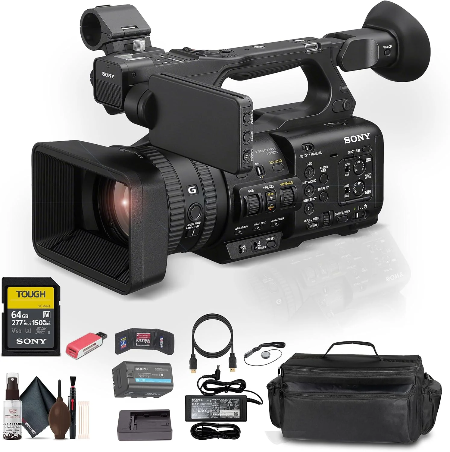 دوربین فیلمبرداری سونی HXR-NX800 4K HDR با سنسور 1 اینچی NXCAM (HXR-NX800) به همراه کارت حافظه 64 گیگابایتی SF-M سری Tough + کیف بزرگ + کارت خوان + کیف حافظه + نگهدارنده درب لنز + کیت تمیز کننده + کابل HDMI
