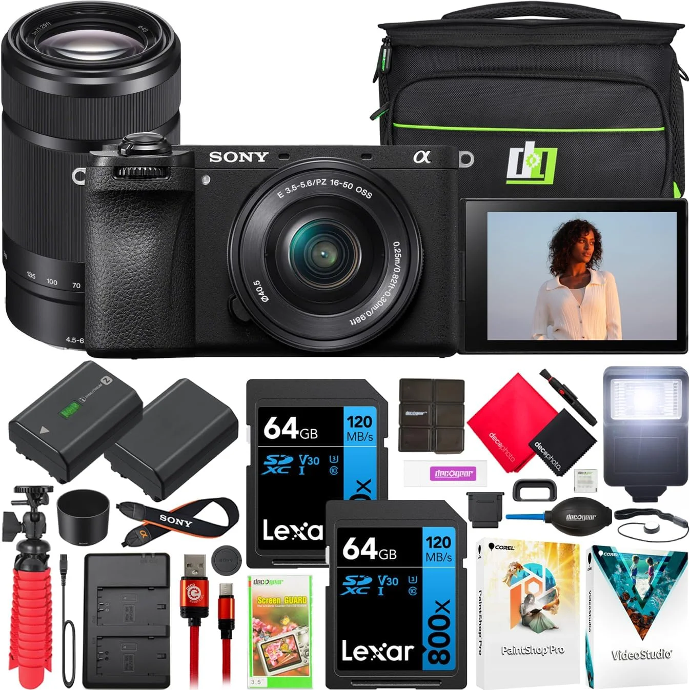 دوربین بدون آینه سونی آلفا a6700 APS-C 4K با کیت 2 لنز 16-50mm و 55-210mm مدل ILCE-6700L به همراه کیف عکاسی Deco Gear + فلاش + باتری اضافی + شارژر دوگانه + نرم افزار و کیت لوازم جانبی