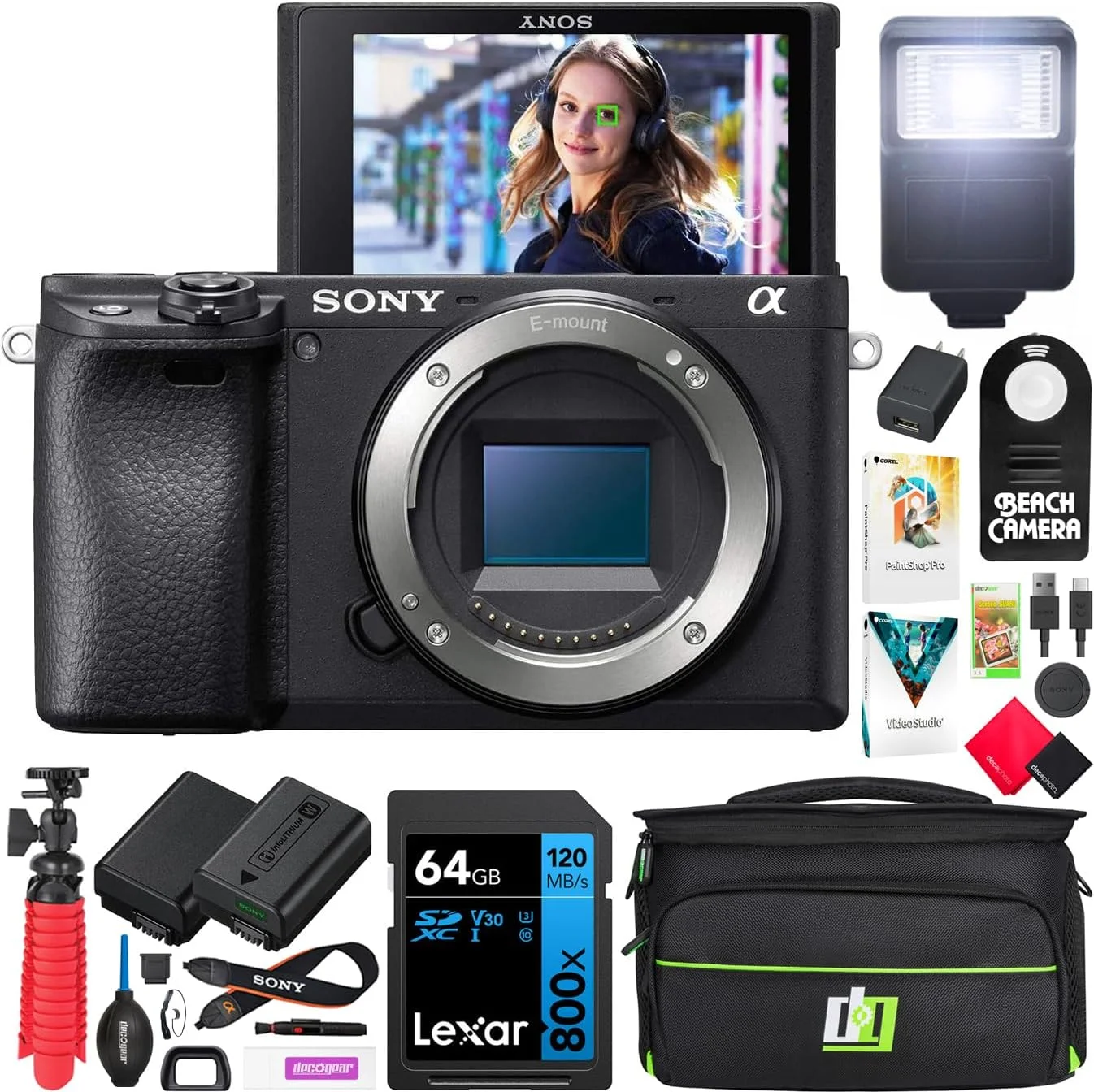 دوربین بدون آینه 4K سونی a6400 مدل ILCE-6400/B فقط بدنه به همراه کیف مسافرتی، کیف لوازم جانبی و کیت تمیز کننده دلوکس Deco Gear، باتری اضافی، ریموت و بسته فلاش