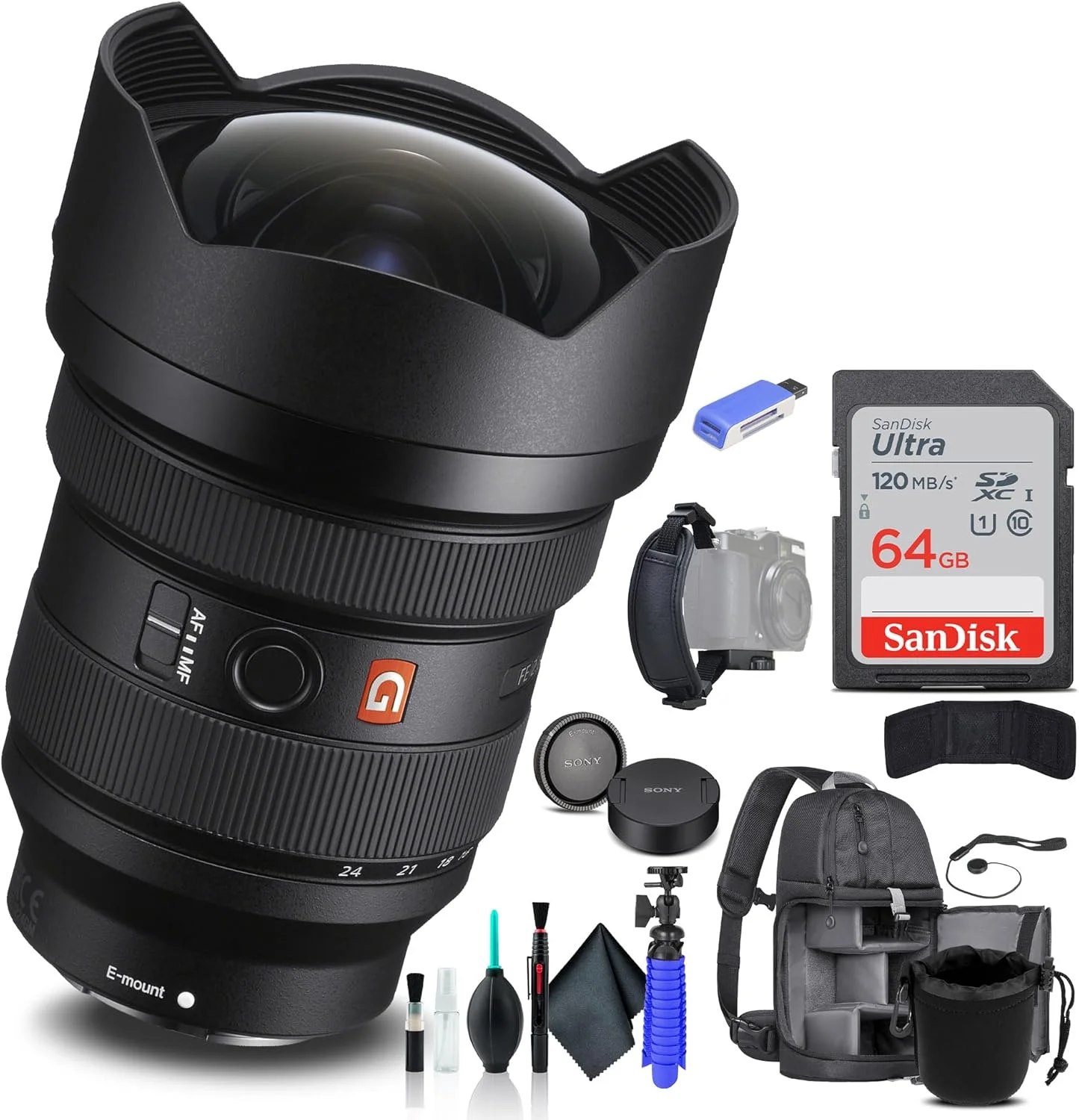 لنز زوم فوق عریض سونی FE 12–24mm F2.8 GM (SEL1224GM) فول فریم G Master Optics | ویدئو و عکس حرفه ای | کوله پشتی، کارت 64 گیگابایتی، سه پایه انعطاف پذیر، کیف کارت حافظه، نگهدارنده درب لنز، کیت تمیز کننده و موارد دیگر