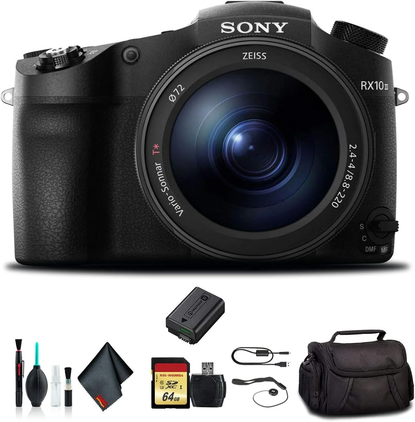 دوربین سونی Cyber-Shot DSC-RX10 IV مدل DSCRX10M4/B به همراه کیف نرم، کارت حافظه 64 گیگابایتی، کارت خوان و لوازم جانبی ضروری