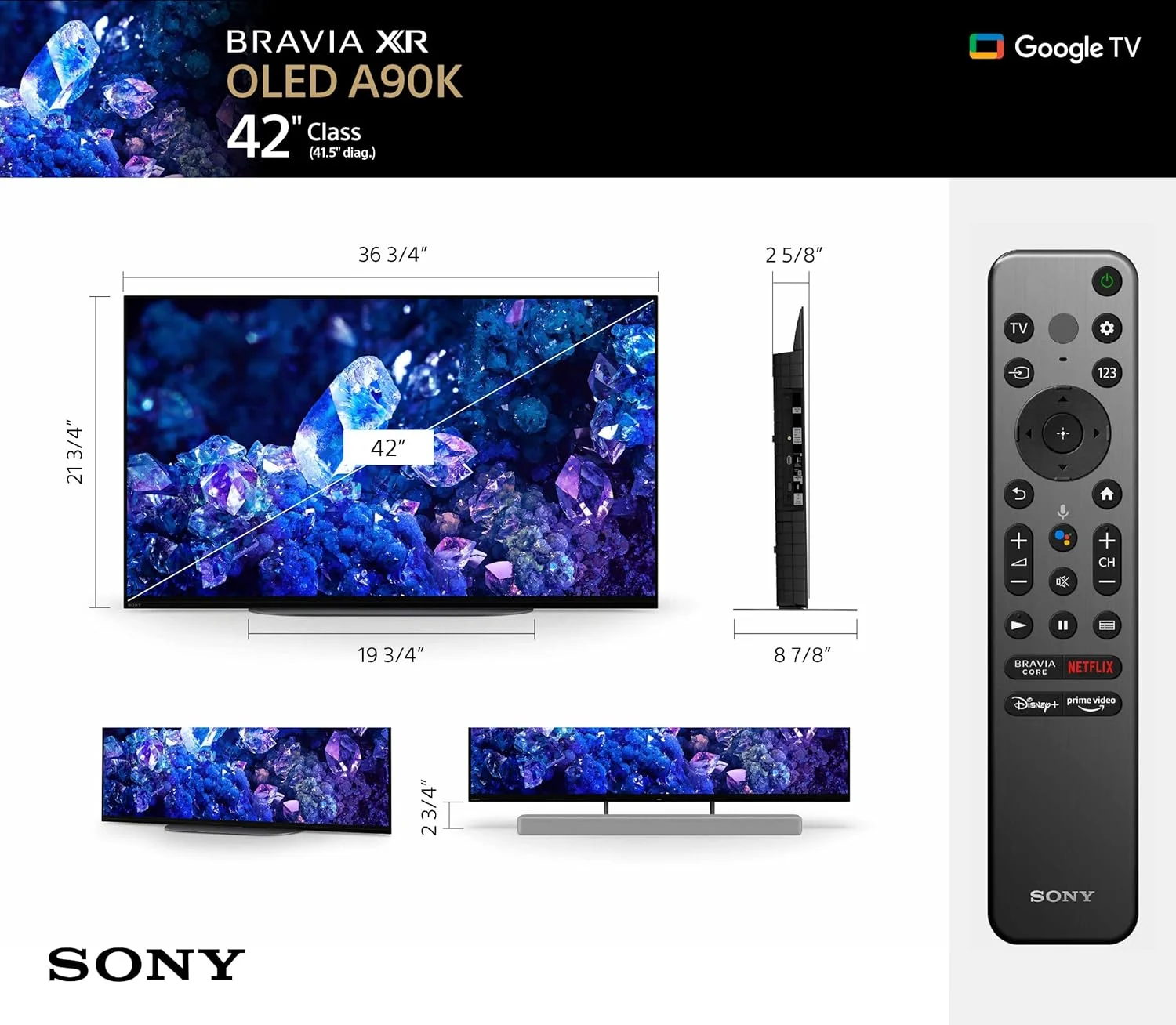 تلویزیون 42 اینچ 4K Ultra HD سونی سری A90K: تلویزیون هوشمند BRAVIA XR OLED Google با Dolby Vision HDR و ویژگی های انحصاری برای Playstation® 5 XR42A90K - جدیدترین مدل، مشکی