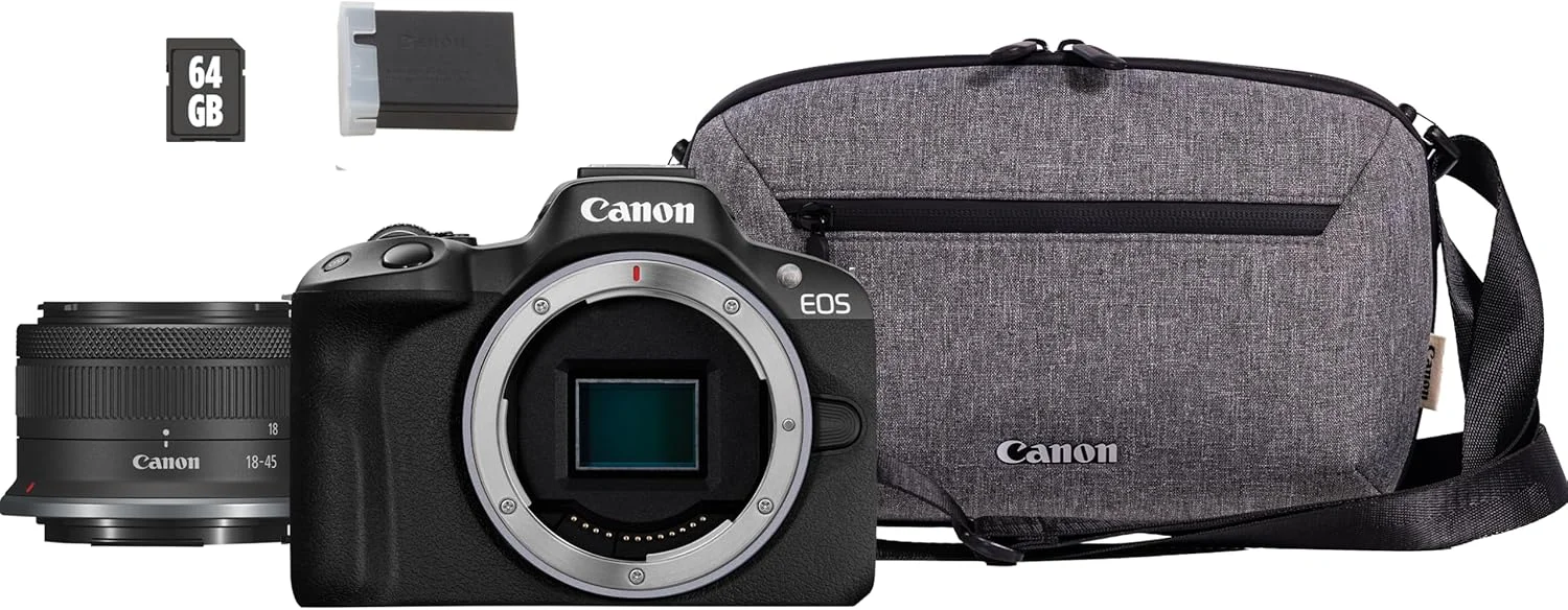 دوربین بدون آینه کانن EOS R50، مشکی + لنز RF-S 18-45mm F4.5-6.3 IS STM + کوله پشتی + کارت SD (مدل ارتقا یافته M50 Mark II) - انحصاری آنلاین