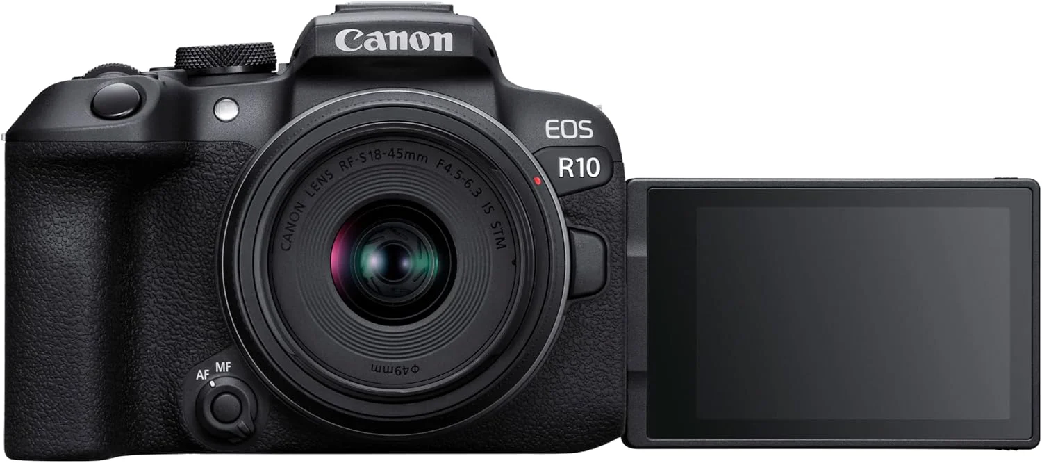 دوربین بدون آینه کانن EOS R10 به همراه لنز RF-S 18-45 mm F4.5-6.3 IS STM (دوربین هیبریدی، ارتقاء DSLR، 15 فریم بر ثانیه، فیلمبرداری 4K، سیستم فوکوس Dual Pixel CMOS AF II، WiFi)، مشکی