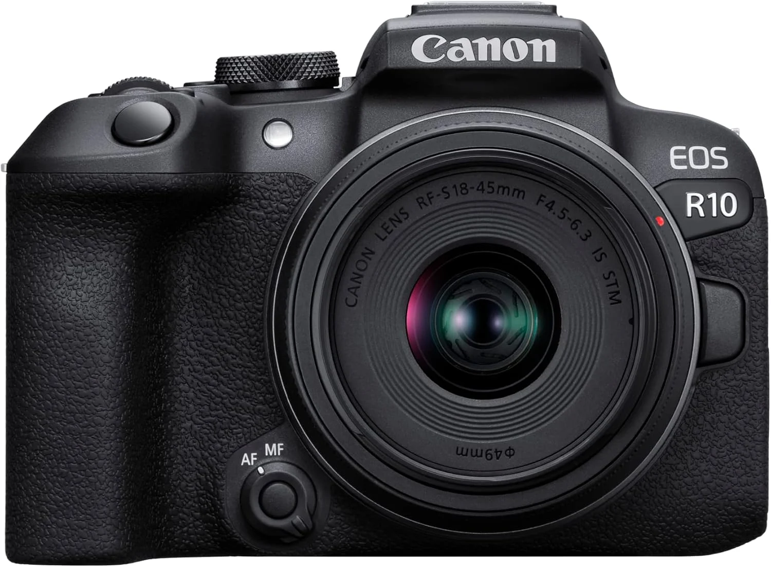 دوربین بدون آینه کانن EOS R10 به همراه لنز RF-S 18-45 mm F4.5-6.3 IS STM (دوربین هیبریدی، ارتقاء DSLR، 15 فریم بر ثانیه، فیلمبرداری 4K، سیستم فوکوس Dual Pixel CMOS AF II، WiFi)، مشکی
