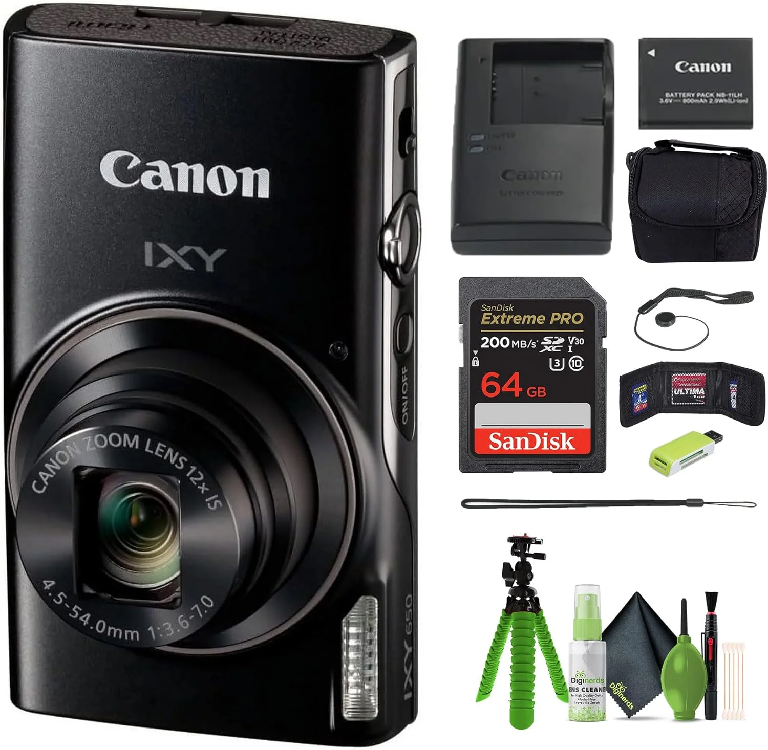 دوربین دیجیتال کامپکت Canon IXY 650 با زوم اپتیکال 12 برابر IXY650 (مشکی) به همراه کارت حافظه 64 گیگابایتی + کیف دوربین + کارت خوان + سه پایه ولاگینگ + کیت تمیز کننده و موارد دیگر