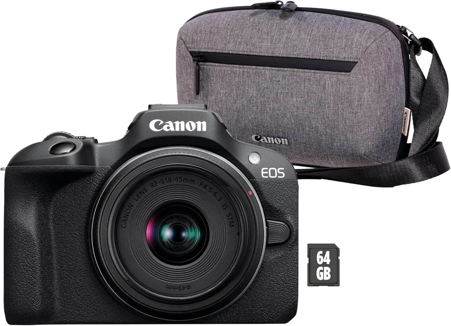 دوربین دیجیتال بدون آینه کانن EOS R100 + لنز RF-S 18-45 mm F4.5-6.3 IS STM + کیت مسافرتی + کیف دوربین + کارت حافظه 64 گیگابایتی (دوربین فیلمبرداری 4K، تثبیت کننده تصویر، حلقه کنترل لنز، WLAN) مشکی