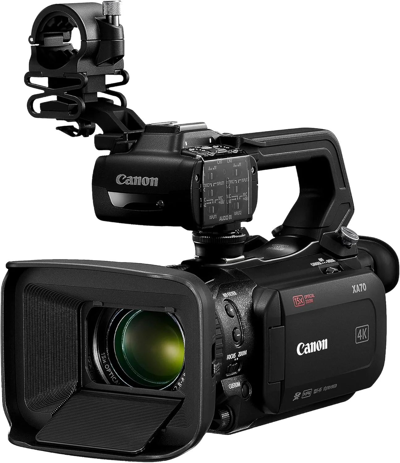 دوربین فیلمبرداری حرفه ای Canon XA70 Pro با حسگر 1 اینچی 4K UHD CMOS، فوکوس خودکار Dual-Pixel CMOS، زوم اپتیکال 15 برابر، زوم دیجیتال 600 برابر، تثبیت کننده تصویر، HDMI، پخش زنده USB، ثبت زمان بر روی صفحه نمایش، ورودی های XLR