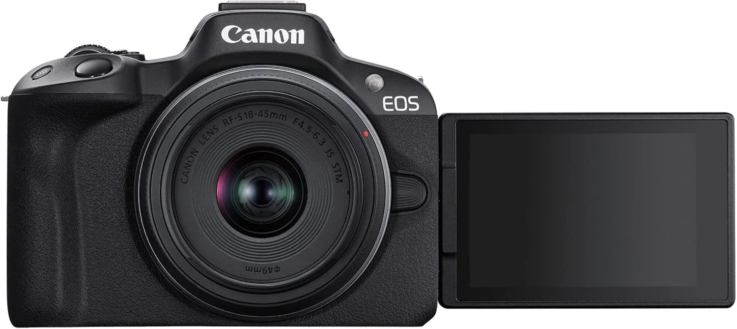 دوربین بدون آینه کانن EOS R50 مناسب ولاگ (مشکی) با لنزهای RF-S18-45mm F4.5-6.3 is STM و RF-S55-210mm F5-7.1 is STM، 24.2 مگاپیکسل، فیلمبرداری 4K، تشخیص و ردیابی سوژه، جمع و جور، اتصال به تلفن هوشمند