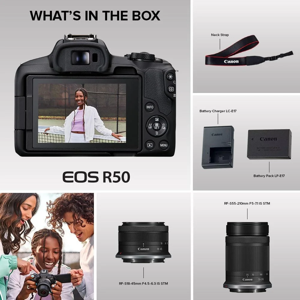 دوربین بدون آینه کانن EOS R50 مناسب ولاگ (مشکی) با لنزهای RF-S18-45mm F4.5-6.3 is STM و RF-S55-210mm F5-7.1 is STM، 24.2 مگاپیکسل، فیلمبرداری 4K، تشخیص و ردیابی سوژه، جمع و جور، اتصال به تلفن هوشمند
