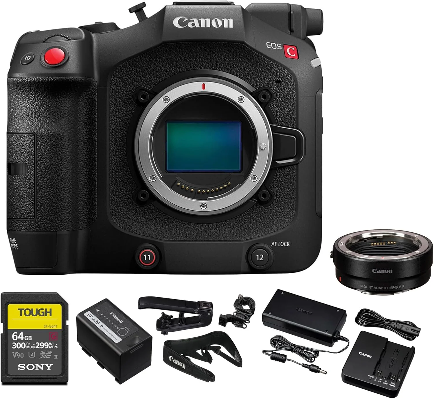 دوربین فیلمبرداری سینمایی Canon EOS C80 - دوربین فول فریم 6K با مانت RF، سنسور BSI، C-Log 2/3، فیلترهای ND داخلی و Dual Pixel AF (6389C002) + آداپتور Canon EF-EOS R + کارت حافظه 64 گیگابایتی