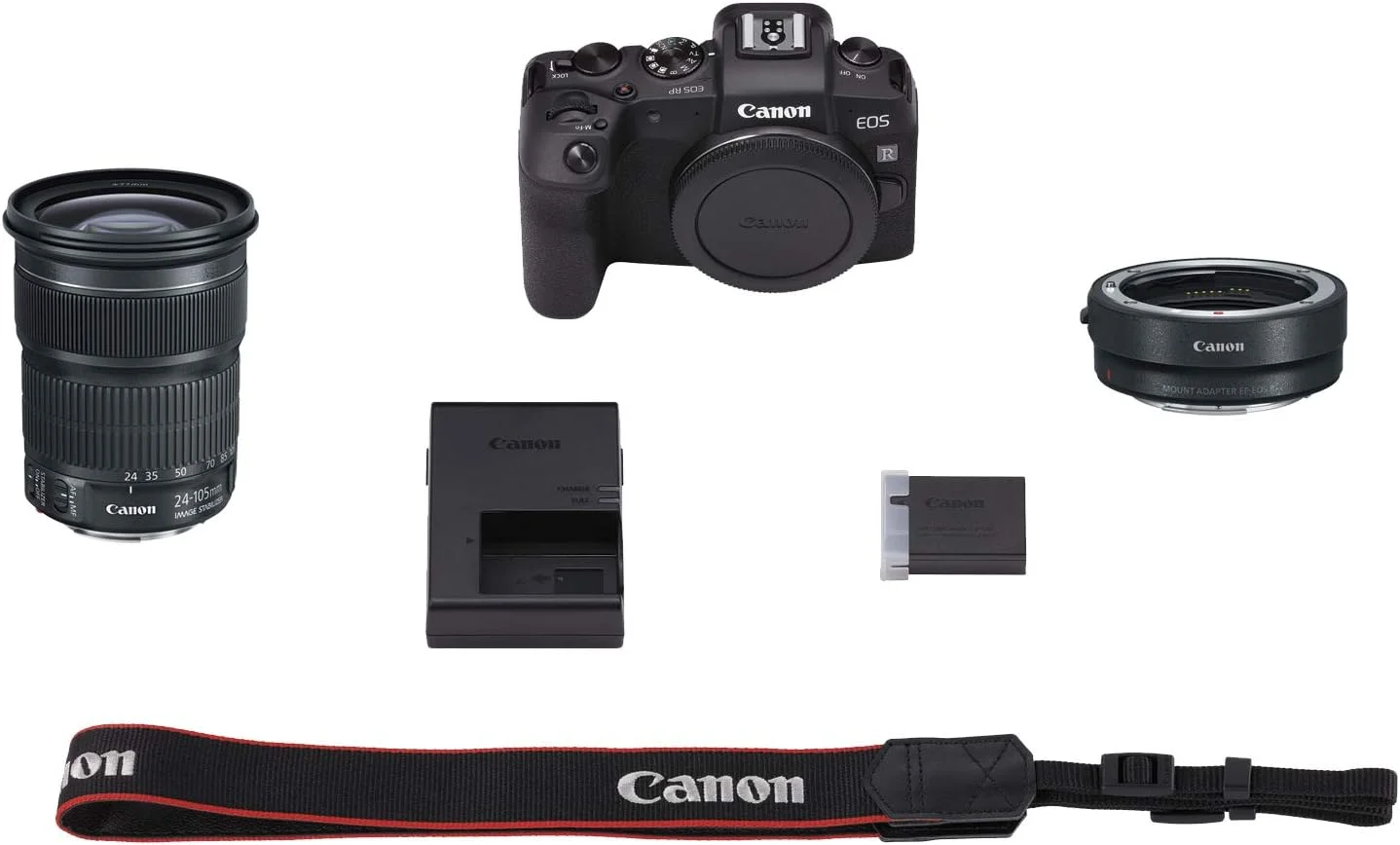 کیت دوربین ولاگینگ بدون آینه فول فریم Canon EOS RP با آداپتور مانت و لنز [لنز EF 24-105mm F/3.5-5.6 IS STM + آداپتور مانت EF-EOS R]، مشکی